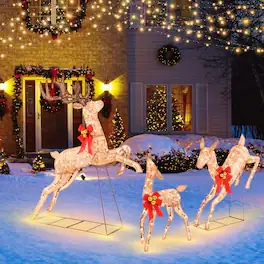 Costway - 3 PCS Lighted Christmas Reindeer Family Set Holiday Decoration with 255 Lights - Gold