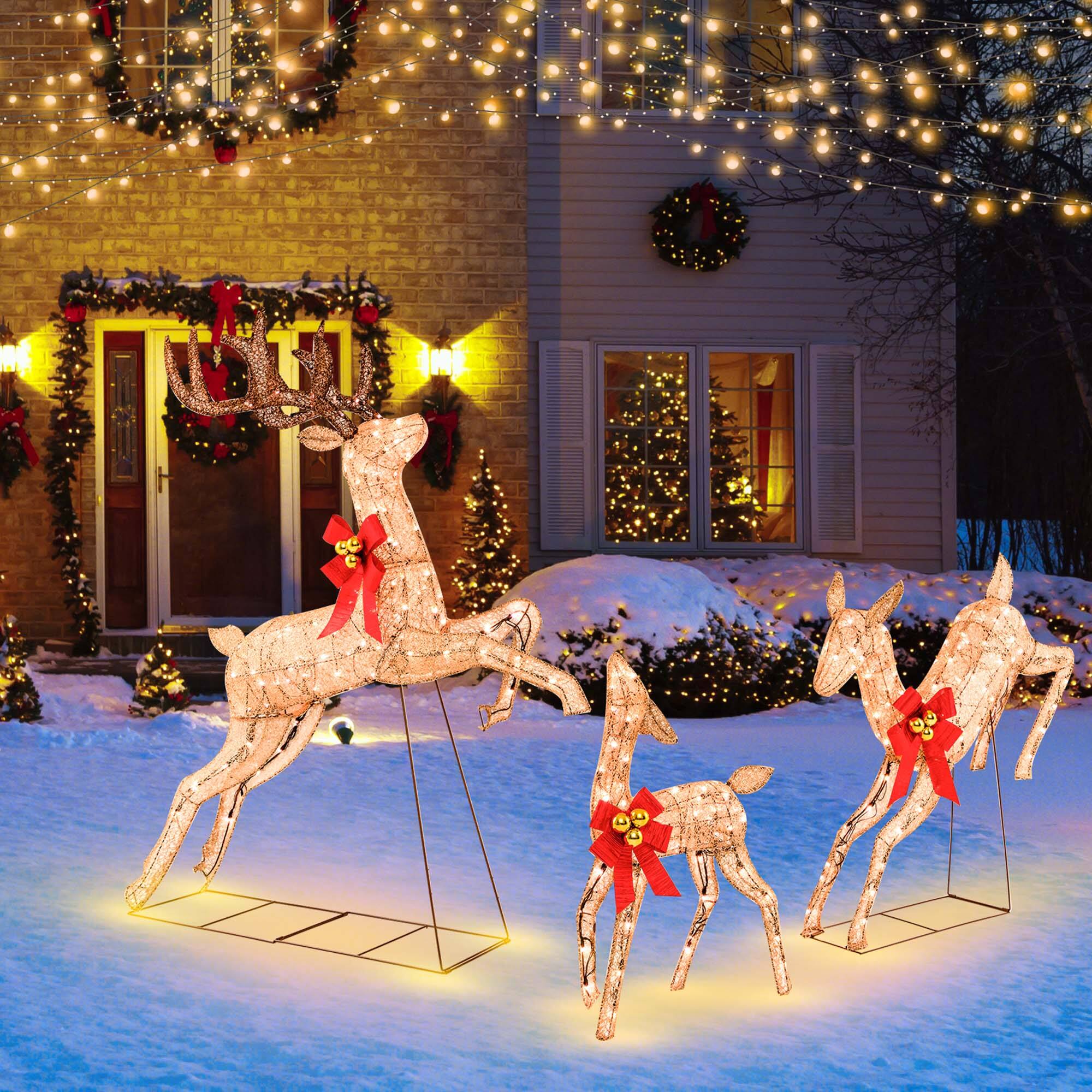 Front. Costway - 3 PCS Lighted Christmas Reindeer Family Set Holiday Decoration with 255 Lights - Gold.