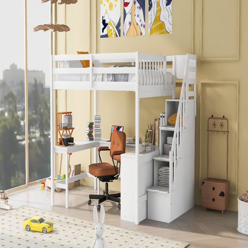 Back. Loheer - Loheer Full Size Loft Bed with L-Shaped Desk and Storage Stairs, White - White.