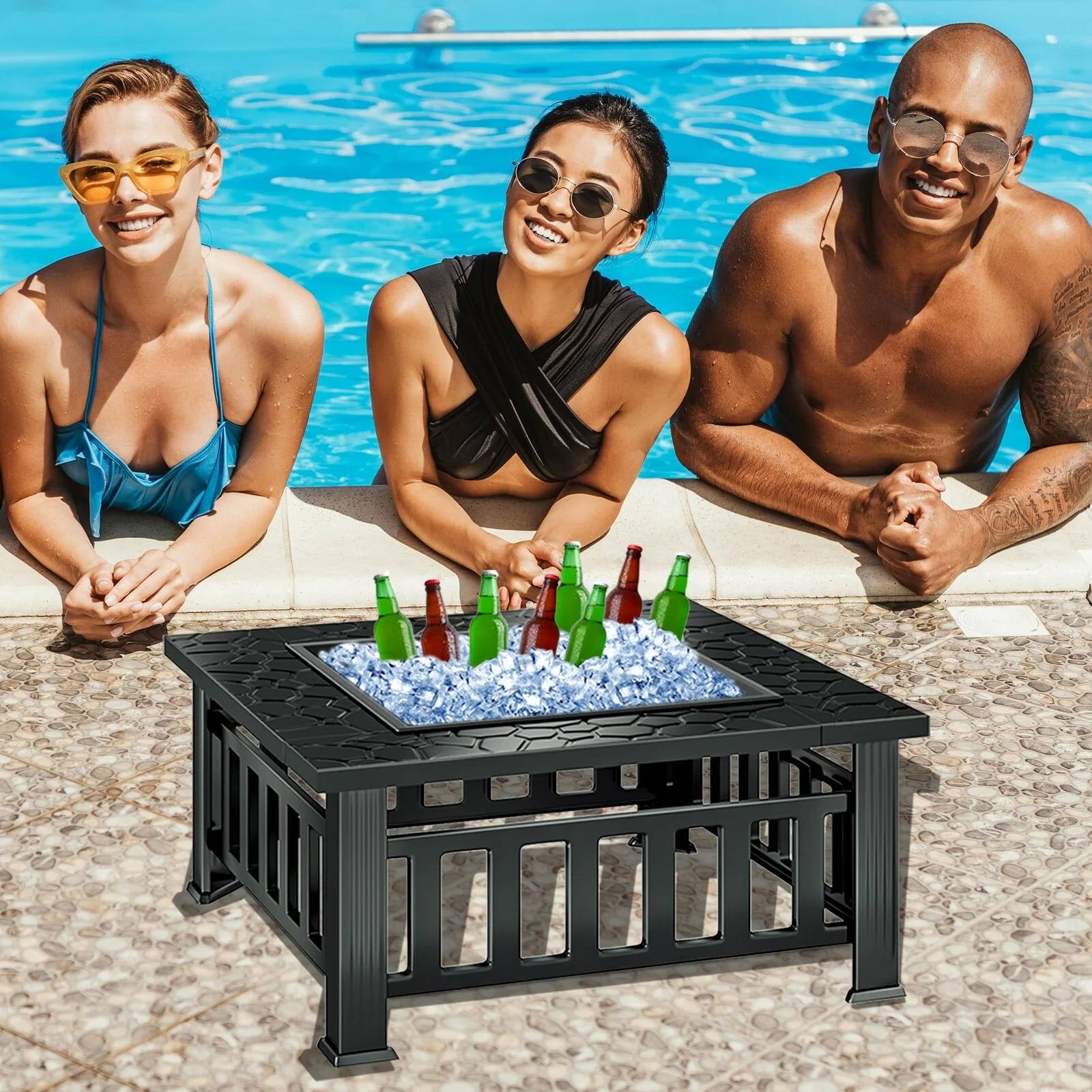 Angle. KingChii - KingChii  Wood-Burning Fire Pit Table with Mesh Lid Poker and Protective Cover in Black - Black.