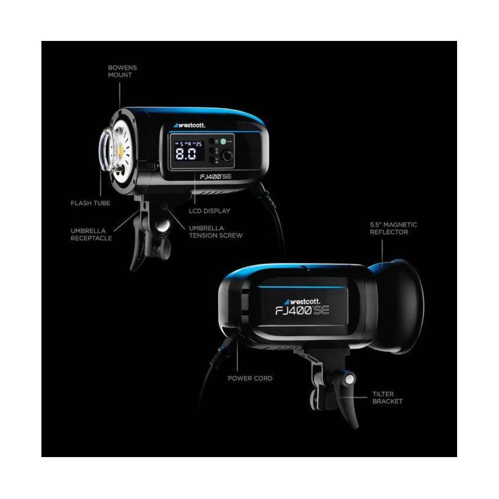 - BOWENS MOUNT
- FLASH TUBE
- UMBRELLA RECEPTACLE
- UMBRELLA TENSION SCREW
- LCD DISPLAY
- 5.5" MAGNETIC REFLECTOR
- POWER CORD
- TILTER BRACKET