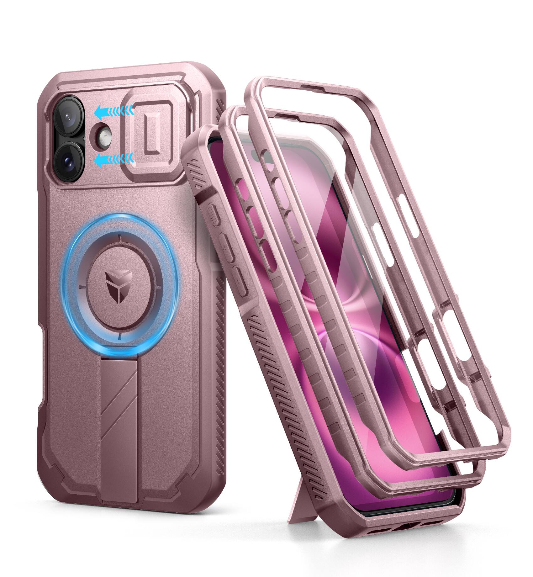 Front. dexnor - Dexnor for iPhone 16 Plus Case with Slide Camera Cover & Adjustable Kickstand & Built-in Screen Protector,Peony Pink - Peony Pink.
