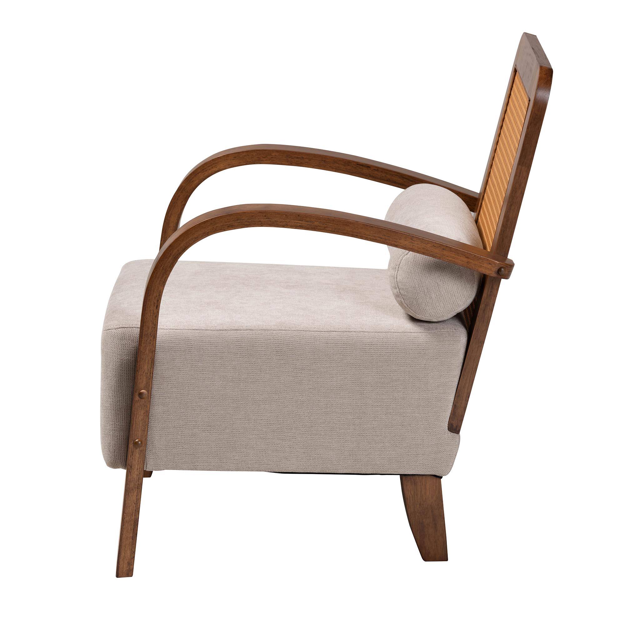 Left. Baxton Studio - Sage Modern Japandi Fabric and Walnut Finished Wood Arm Chair with Woven Rattan - Light Grey/Walnut Brown/Natural Brown.