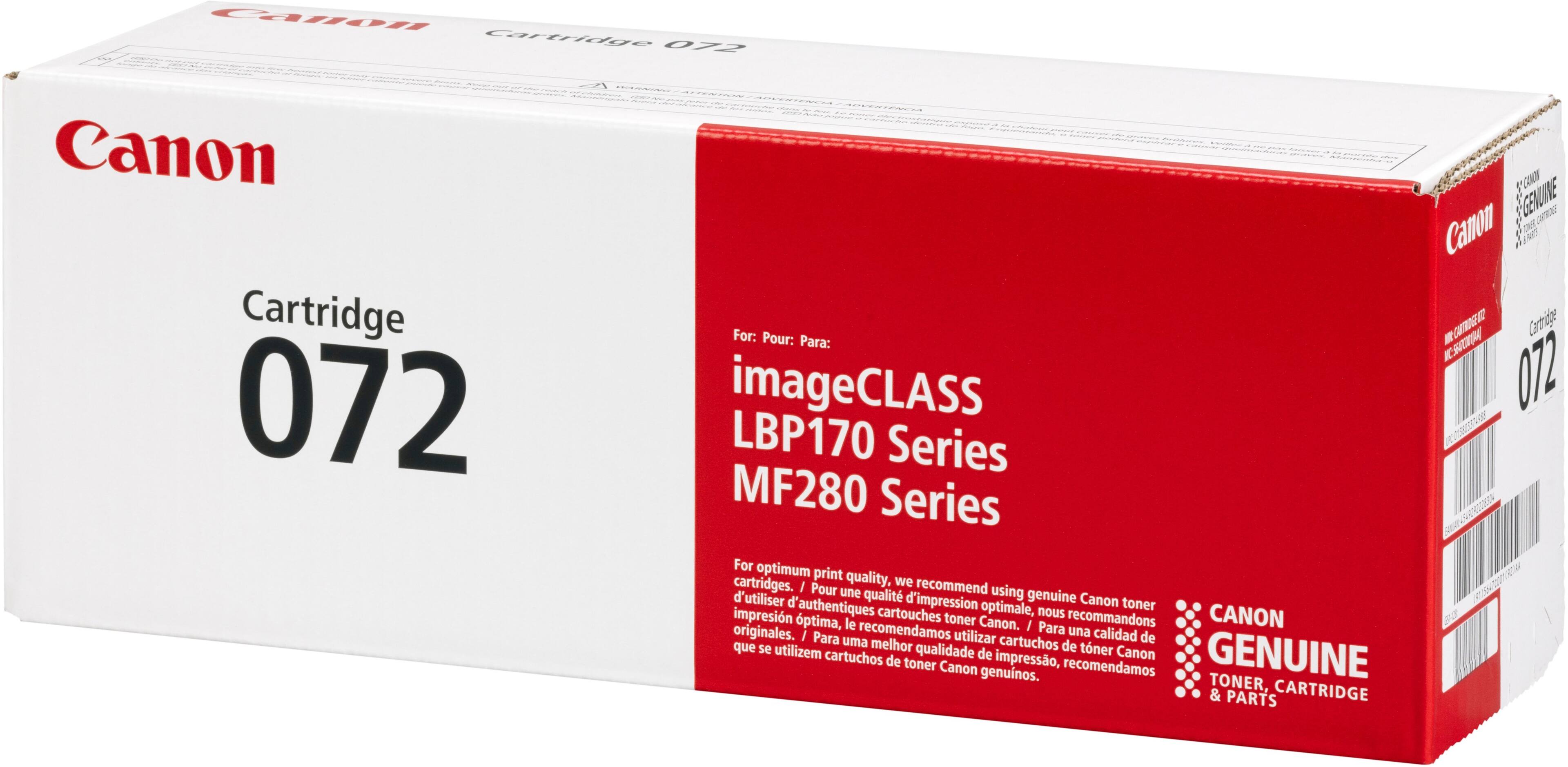 Canon Cartridge 072 -  - CC -  | - COL GENINE IROL Canon DRY 1 OF Carrige For: Pour: CURONE-E  Para: C imageCLASS 072 LBP170  Series MF280 Series For optimum eter print quality, we cartridges. I Pour une recommend using A d'utiliser d' qualit d'impression genuine Canon toner impresin l'authentiques cartouches toner optimale, nous recommandons CANON  ptima, le recomendamos Canon.  Para uma utilizar cartuchos calidad de que se utilizem melhor qualidade de tner Canon cartuchos de impresso, GENUINE de toner recomendamos Canon genuinos. TONER, CARTRIDGE & PARTS