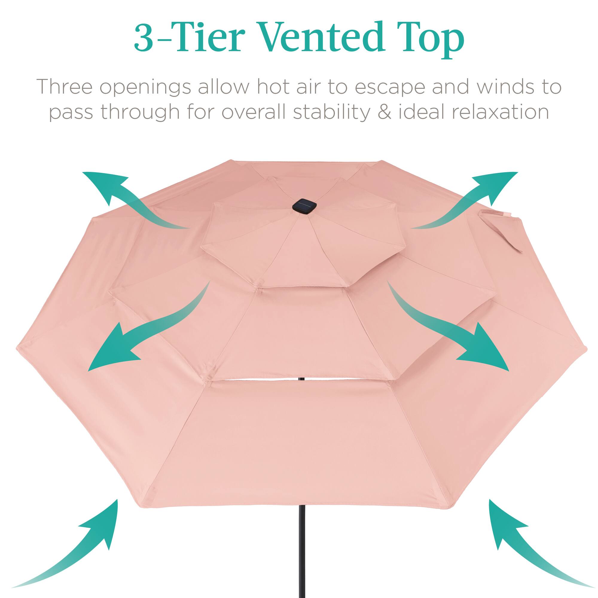 3-Tier Vented Top

Three openings allow hot air to escape and winds to pass through for overall stability & ideal relaxation