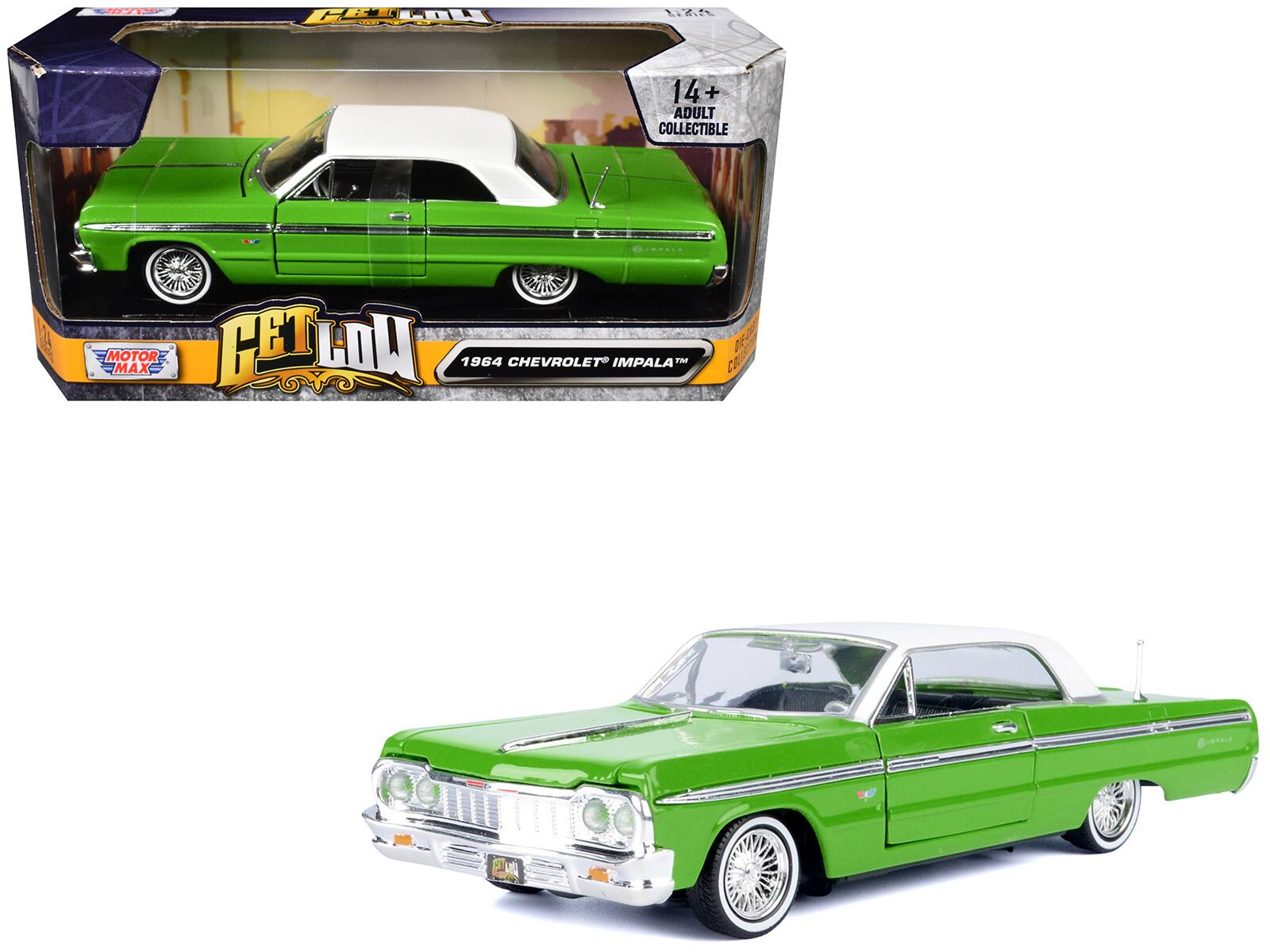 "1964 Chevrolet Impala Lowrider Hard Top Green with White Top ""Get Low"" Series 1/24 Diecast Model Car by Motormax" price history on PriceWatchPro