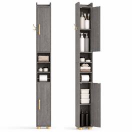 Costway - 2 PCS 69.5" Narrow Bathroom Cabinet with 2 Doors Adjustable Shelves Toilet Paper Rod - Gray