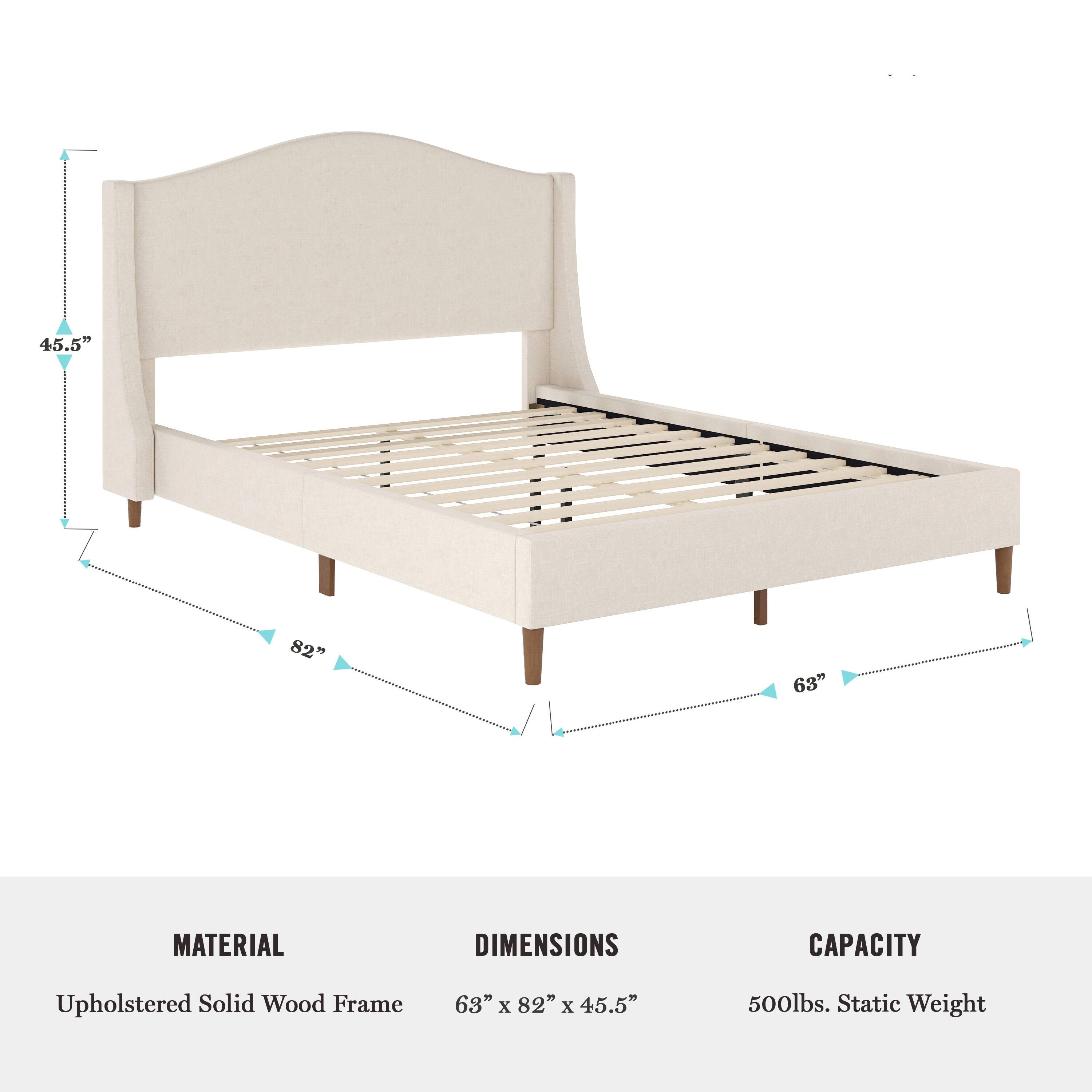 The text on the image reads: "45.5" 82 63" MATERIAL DIMENSIONS CAPACITY Upholstered Solid Wood Frame 63" x 82" x 45.5" 500lbs. Static Weight."