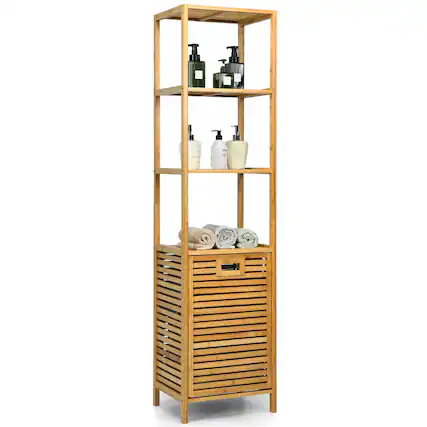 Front. Costway - Bathroom Tilt-out Laundry Hamper Bamboo Tower Hamper w/3-Tier Shelves - Natural Color.