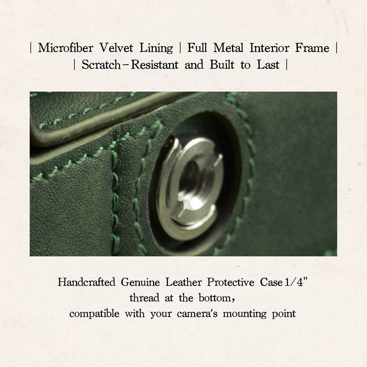 Microfiber Velvet Lining | Full Metal Interior Frame | Scratch-Resistant and Built to Last

Handcrafted Genuine Leather Protective Case 1/4" thread at the bottom, compatible with your camera's mounting point