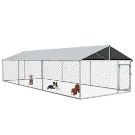 Pawhut - Outdoor Dog Kennel, Heavy Duty Dog Run Outdoor Fence with Waterproof Cover, Galvanized Chain Link, Secure Lock