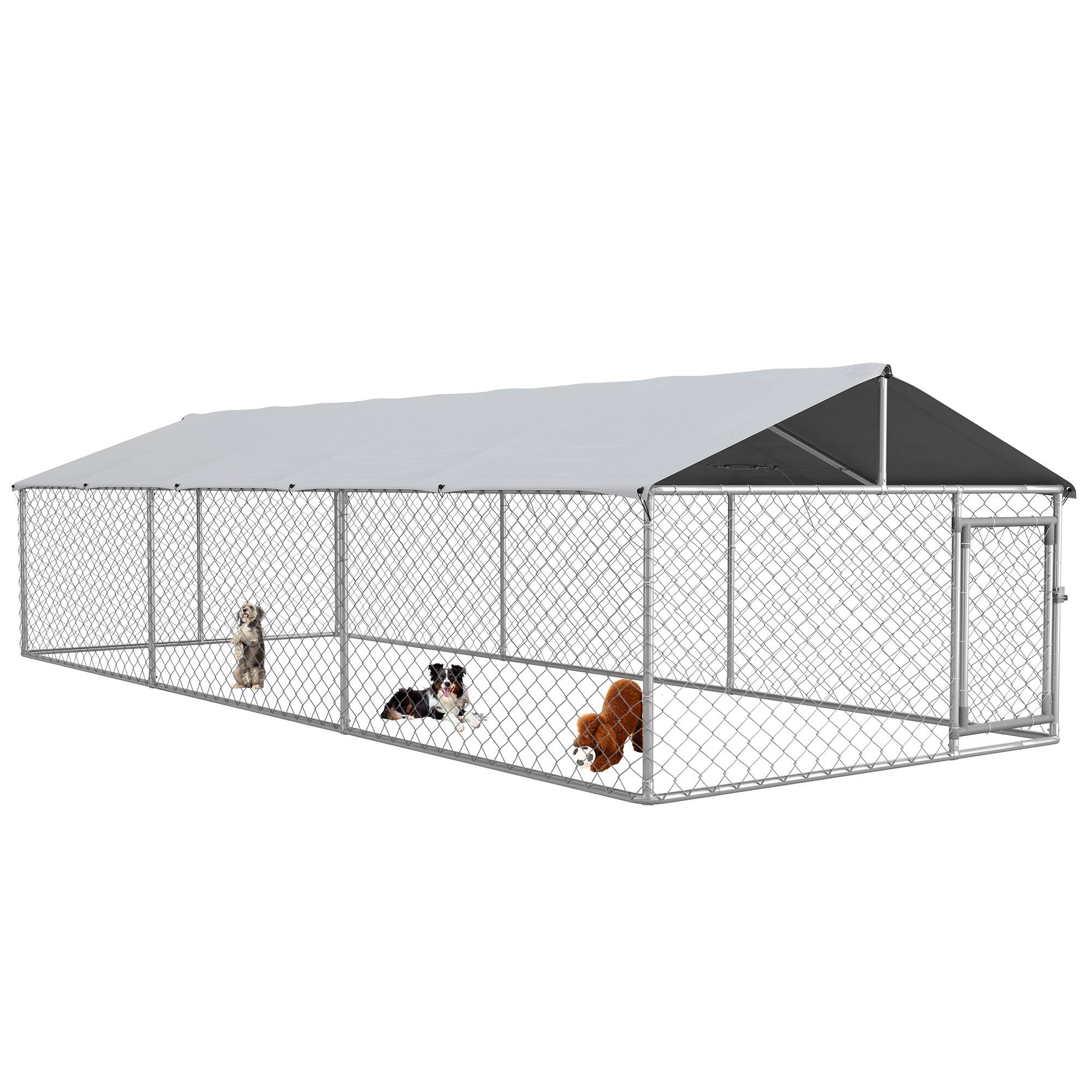 Pawhut - Outdoor Dog Kennel, Heavy Duty Dog Run Outdoor Fence with Waterproof Cover, Galvanized Chain Link, Secure Lock