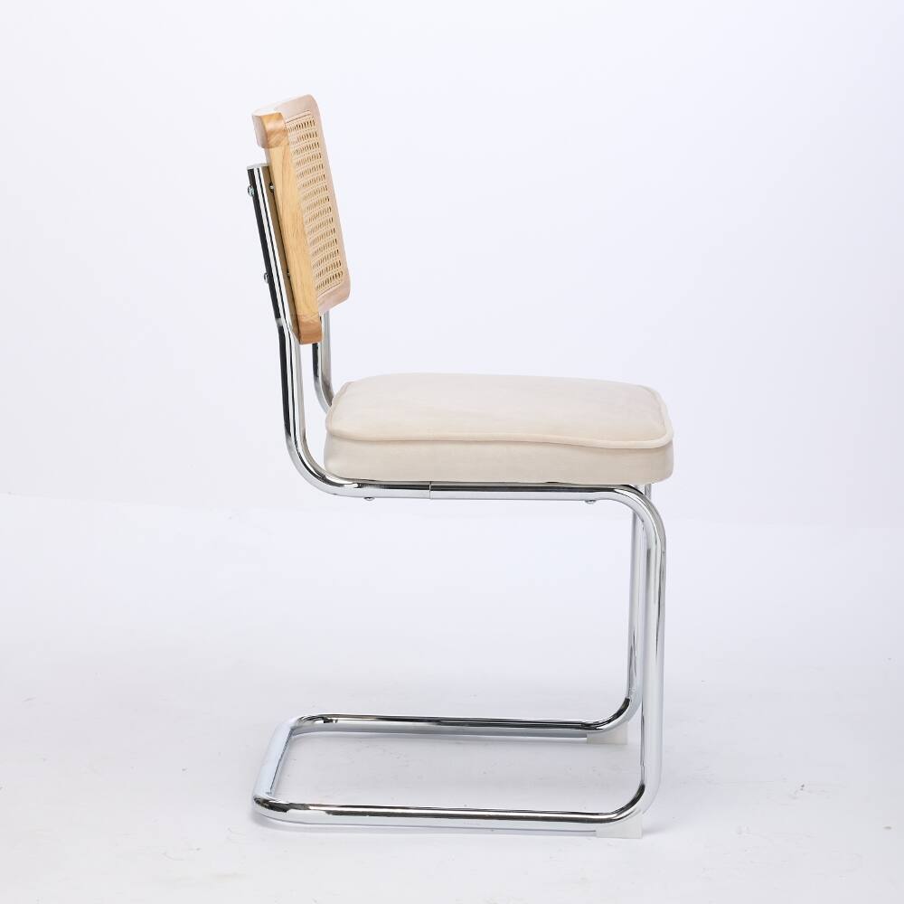 Back. Loheer - Loheer Mid Century Modern Dining Chairs Set of 2 Beige Velvet Accent Chairs Rattan Back Cantilever Chrome Base - Beige.