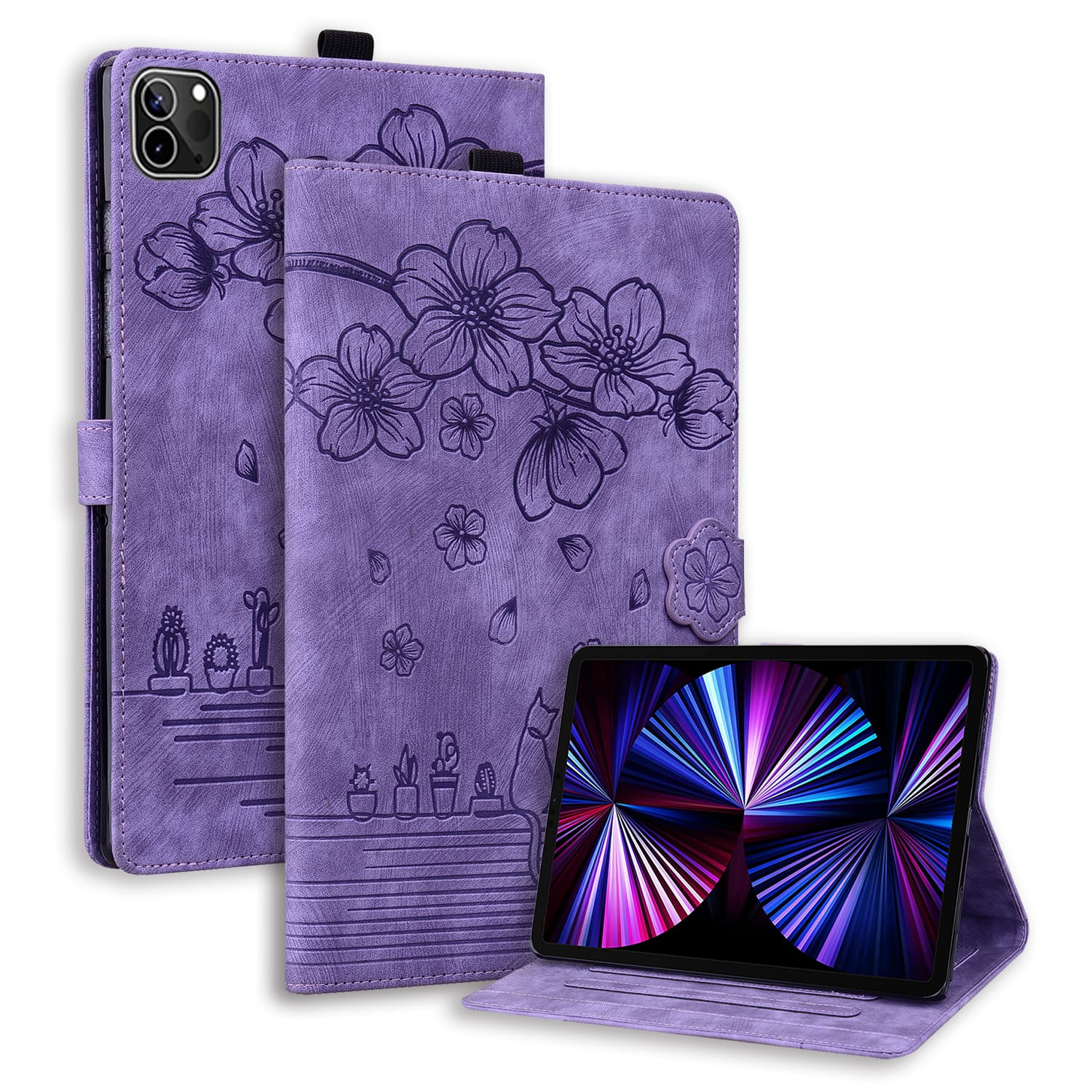 Dteck - For Apple iPad Pro (M4) 11'' 2024/ iPad Pro (M5) 11" 2025 Embossed Flower Pattern Folio Case Card Slots Kickstand Cover - Purple