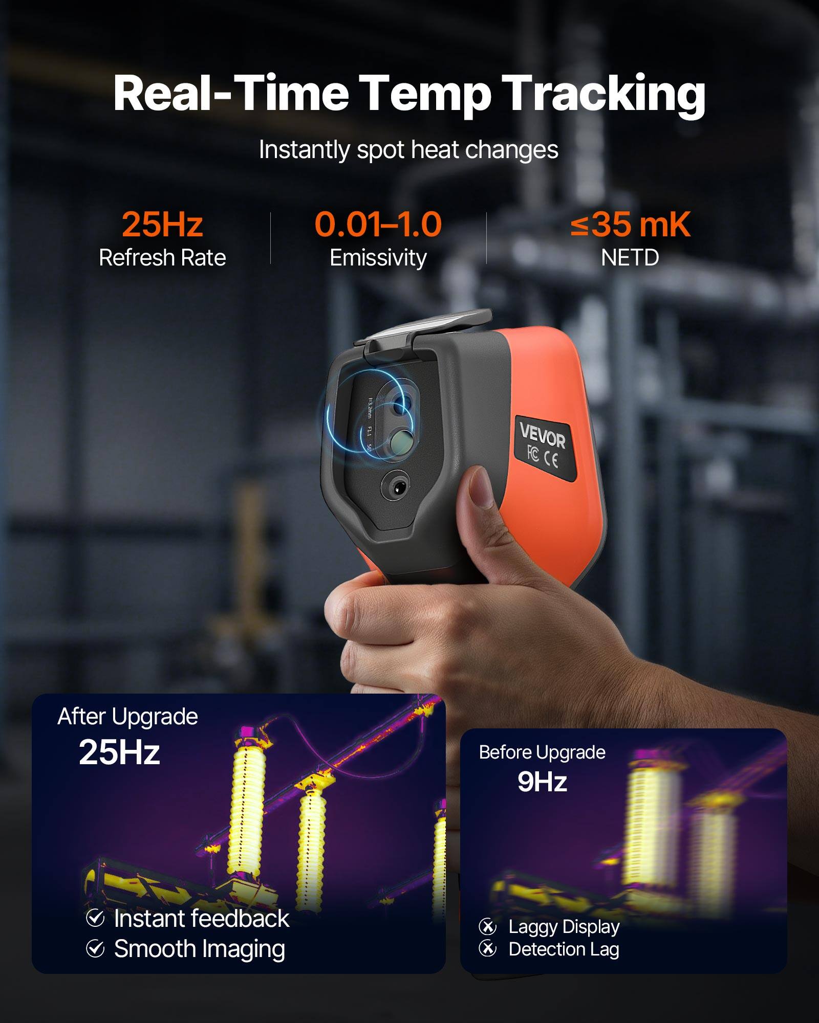 Real-Time Temp Tracking  
Instantly spot heat changes  

25Hz Refresh Rate  
0.01-1.0 Emissivity  
≤35 mK NETD  

VEVOR  
CE  

After Upgrade  
25Hz  
Instant feedback  
Smooth Imaging  

Before Upgrade  
9Hz  
Laggy Display  
Detection Lag