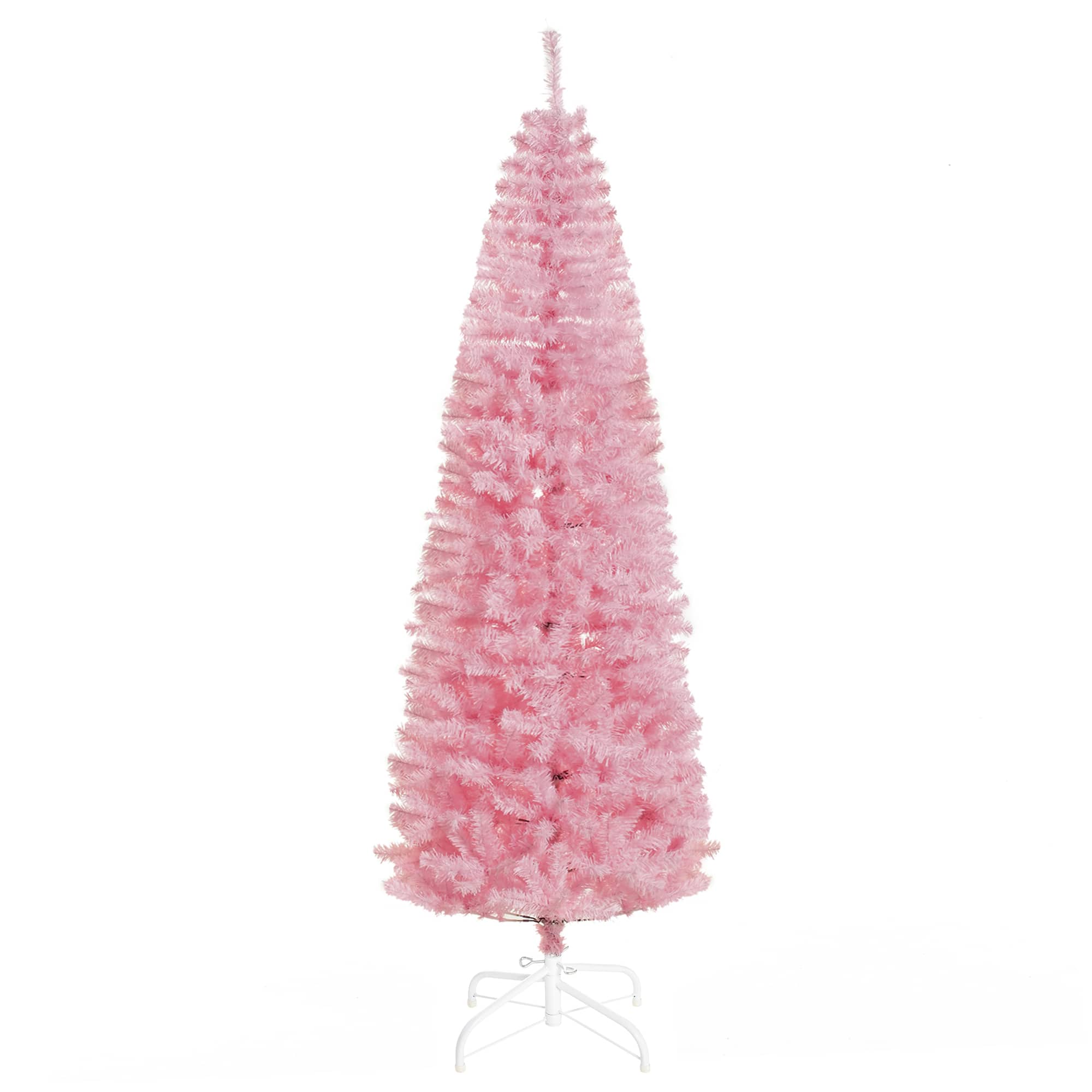 Homcom - 7ft Douglas Fir Pencil Slim Artificial Christmas Tree, 818 Tips Metal Stand - Pink