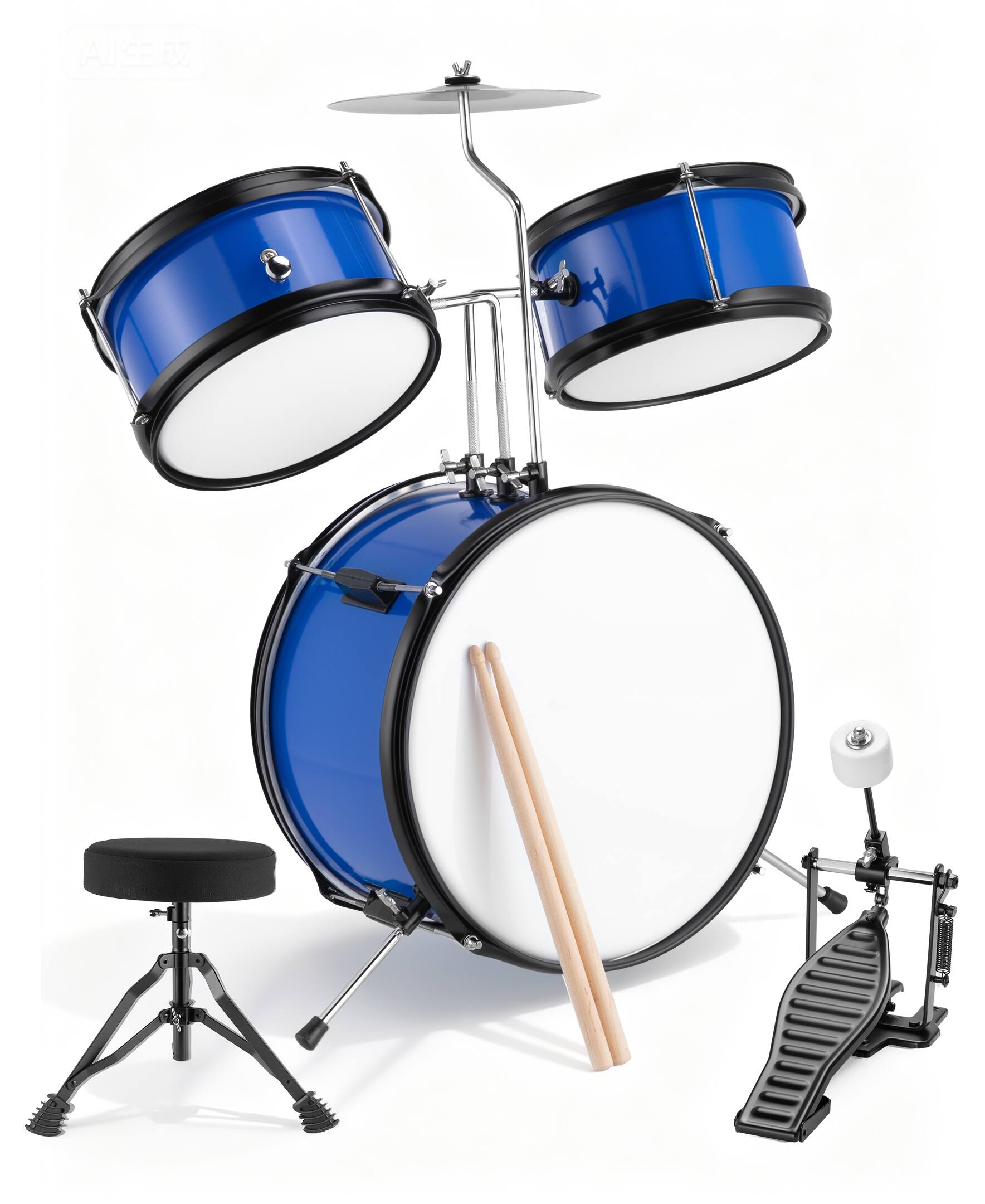 Sugift - 3-Piece Kids Drum Set with Adjustable Stool, Bass Pedal & Cymbal – Realistic Junior Drum Kit for Ages 3+ - Blue