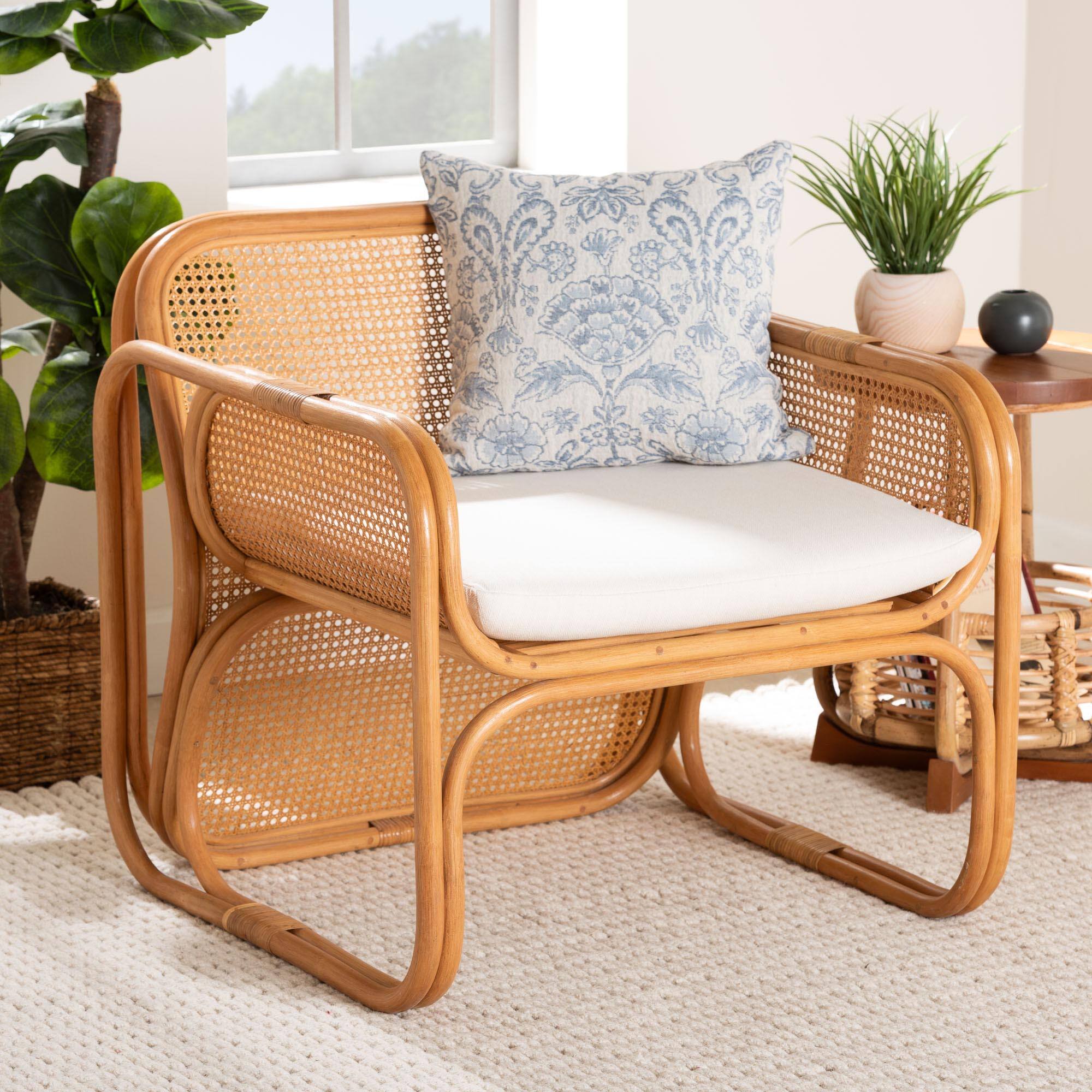 Alt View 4. bali & pari - Cambridge Natural Rattan Armchair - Handcrafted Lounge Chair with Cushion, Rounded Frame with Cane Woven Panels - Light Honey.
