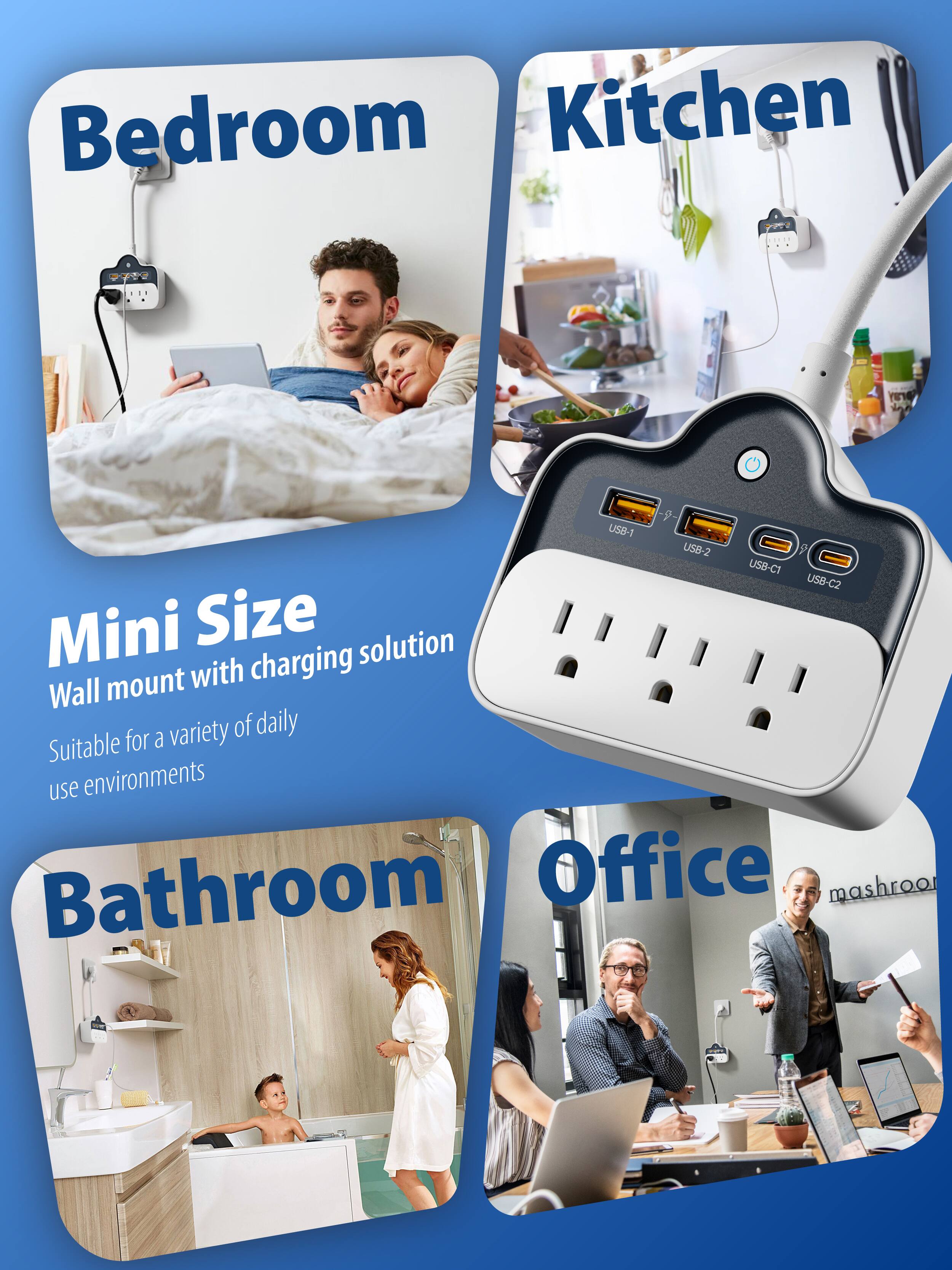 Bedroom  
Kitchen  
Bathroom  
Office  

Mini Size  
Wall mount with charging solution  
Suitable for a variety of daily use environments  

USB-1  
USB-2  
USB-C1  
USB-C2