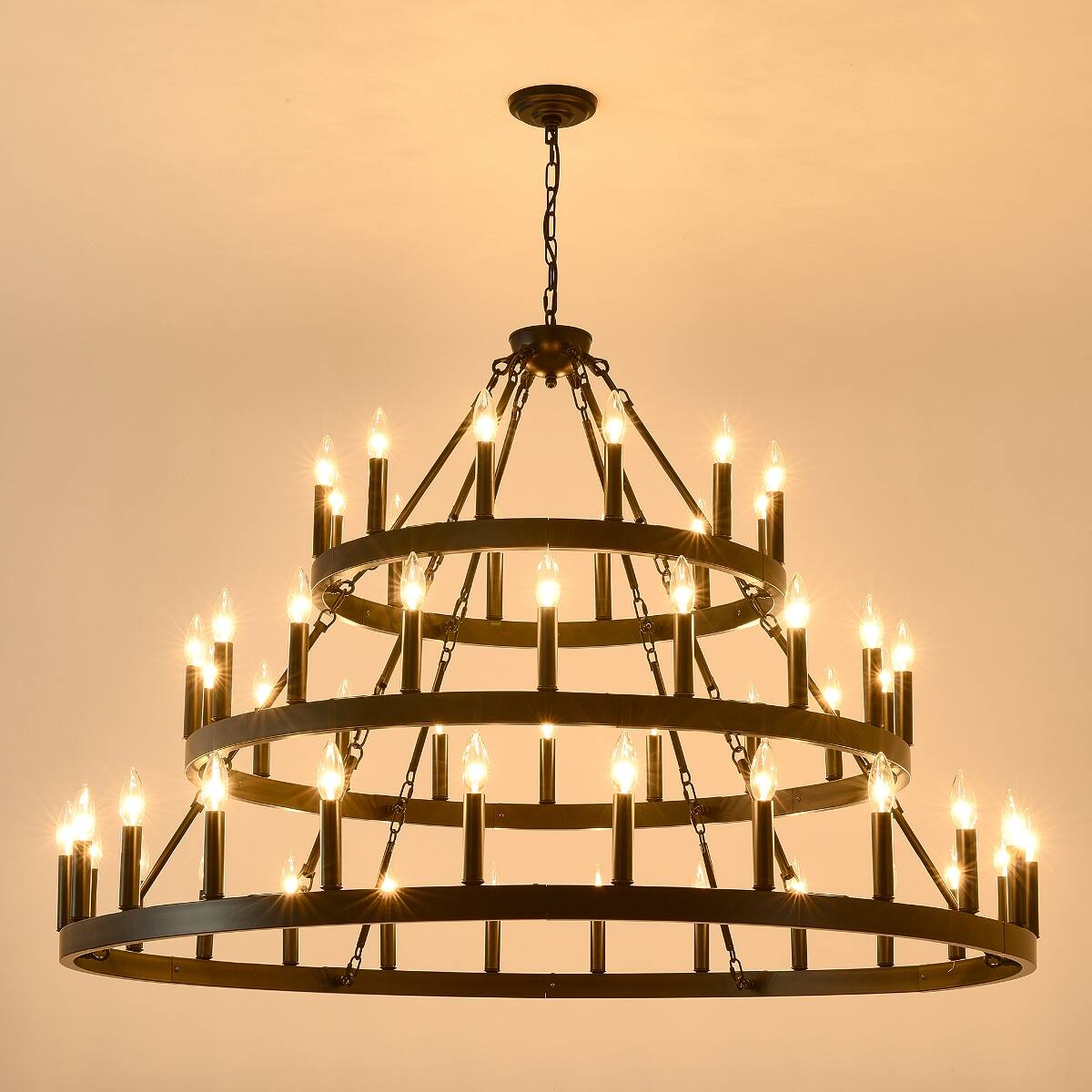 Back. Loheer - Loheer Three Tier Farmhouse Chandelier, Black Metal Wagon Wheel Design for High Ceilings.