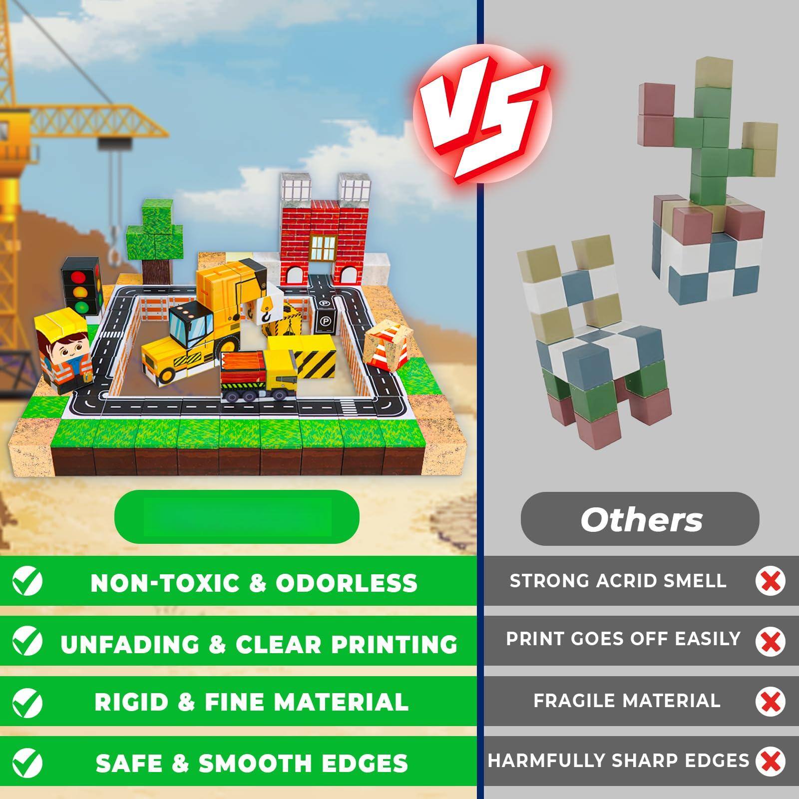 **VS**

**Others**

- NON-TOXIC & ODORLESS
- UNFADING & CLEAR PRINTING
- RIGID & FINE MATERIAL
- SAFE & SMOOTH EDGES

**Others**

- STRONG ACID SMELL
- PRINT GOES OFF EASILY
- FRAGILE MATERIAL
- HARMFULLY SHARP EDGES