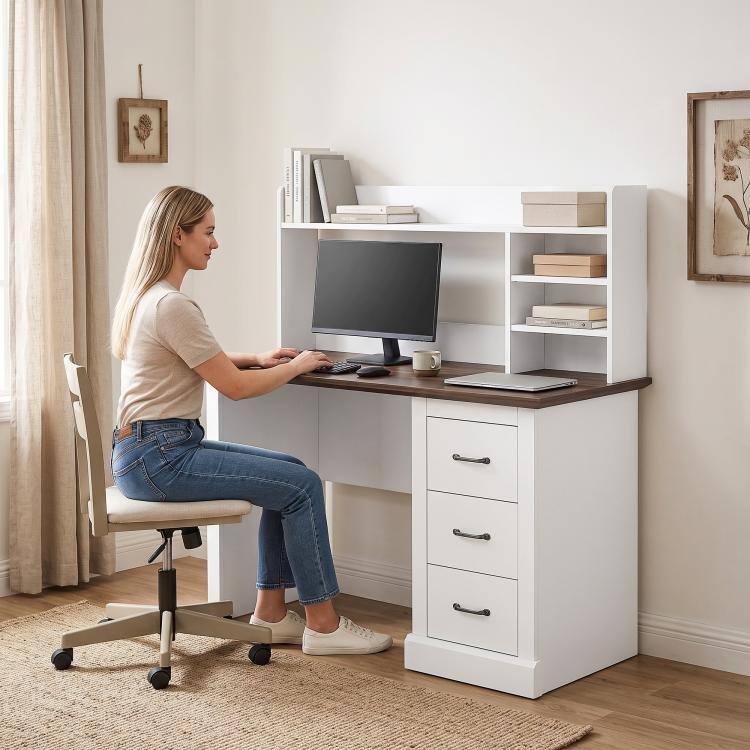 Alt View 9. PULUZ - Computer Desk with 3 Drawers and Storage Shelves, 47 inch Home Office Study Writing Table - Walnut and White.