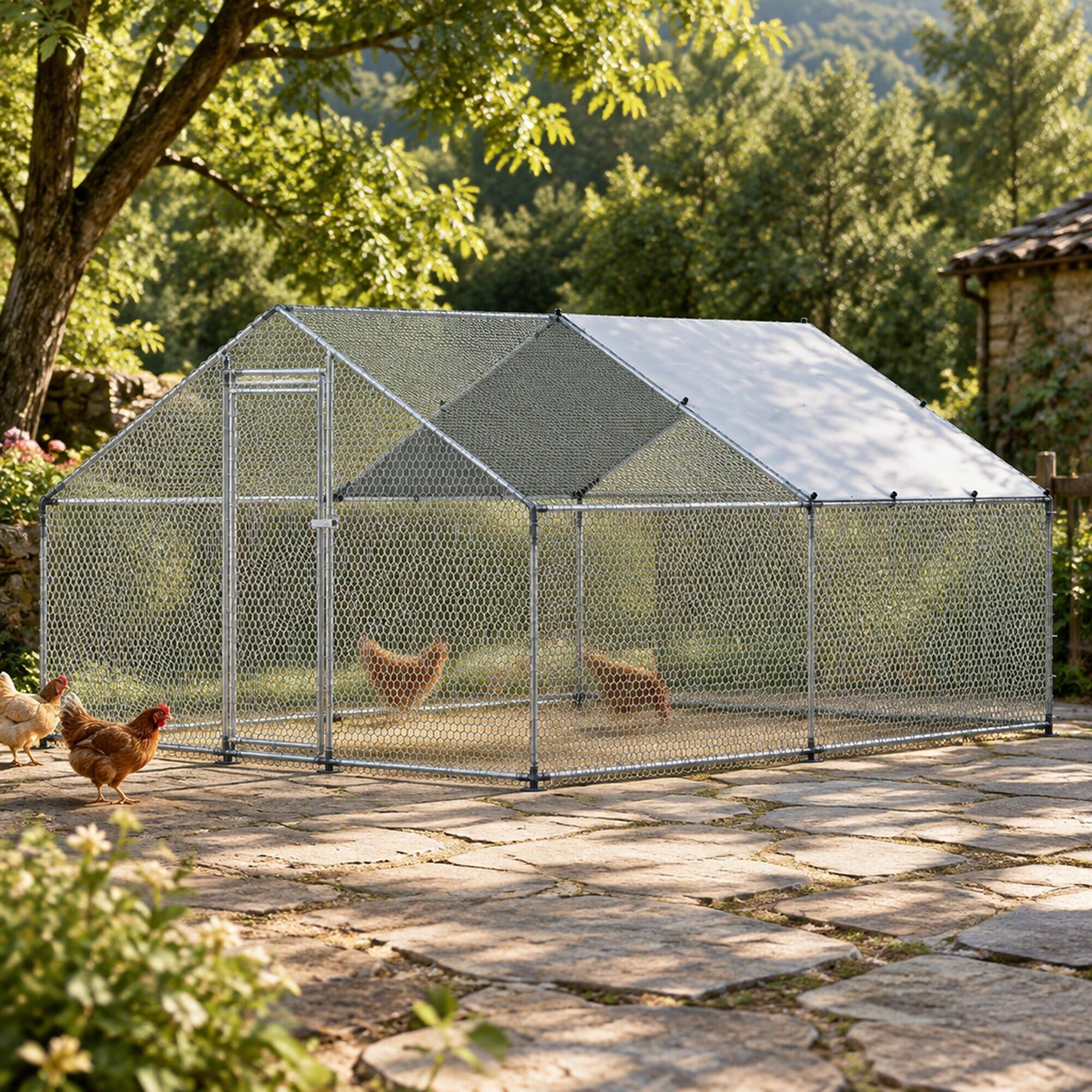 Angle. RYHNUYNE - Large Metal Chicken Coop, 9.8 x 13.1 x 6.6 ft Walk-in Run, Spire Roof, Waterproof Cover, Locking Door.