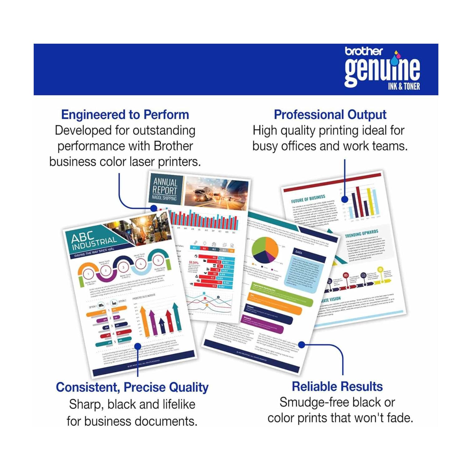 Engineered to Perform  
Developed for outstanding performance with Brother business color laser printers.

Professional Output  
High quality printing ideal for busy offices and work teams.

Consistent, Precise Quality  
Sharp, black and lifelike for business documents.

Reliable Results  
Smudge-free black or color prints that won't fade.