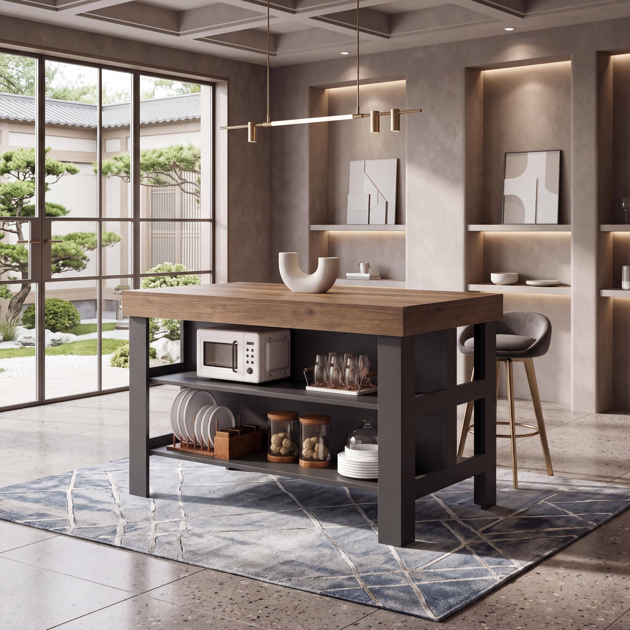 Alt View 4. Tribesigns - Kitchen Island with Storage Shelves (Brown and Black) - Brown and Black.