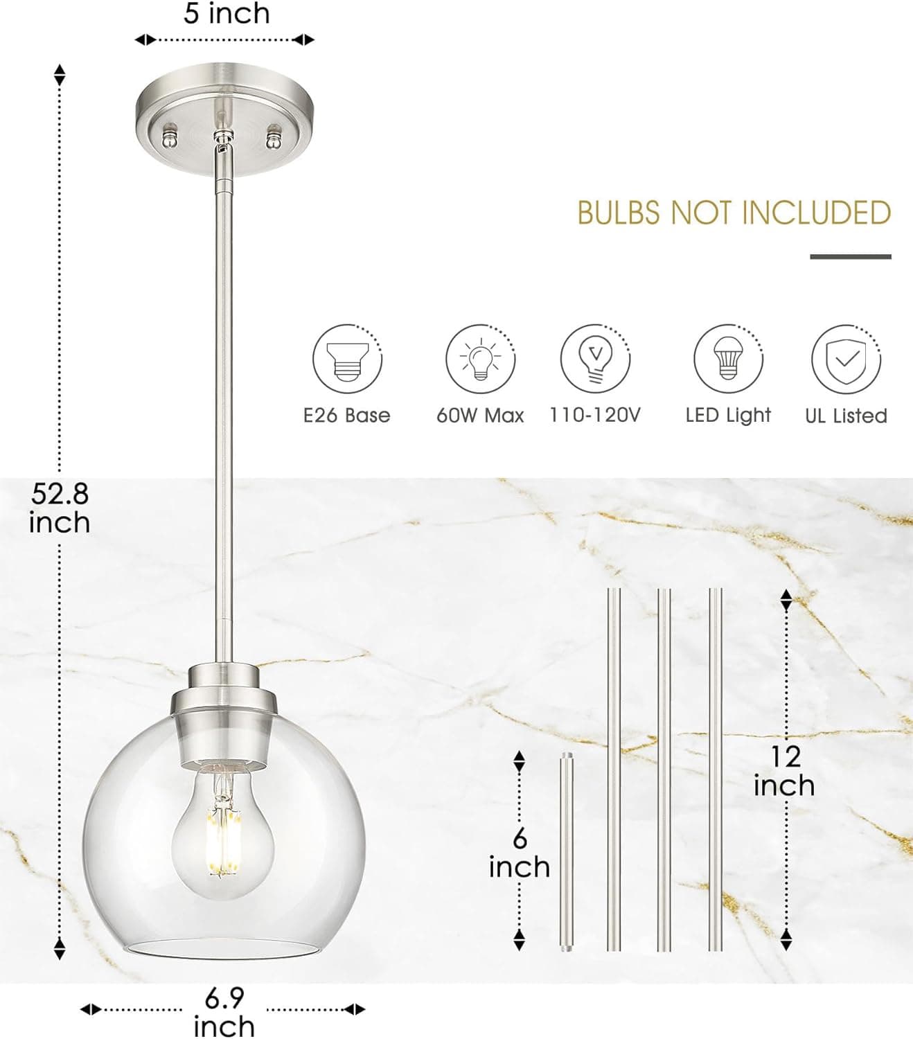 5 inch BULBS NOT INCLUDED E26 Base 60W Max 110-120V LED Light UL Listed 52.8 inch 12 inch 6 inch 6.9 inch