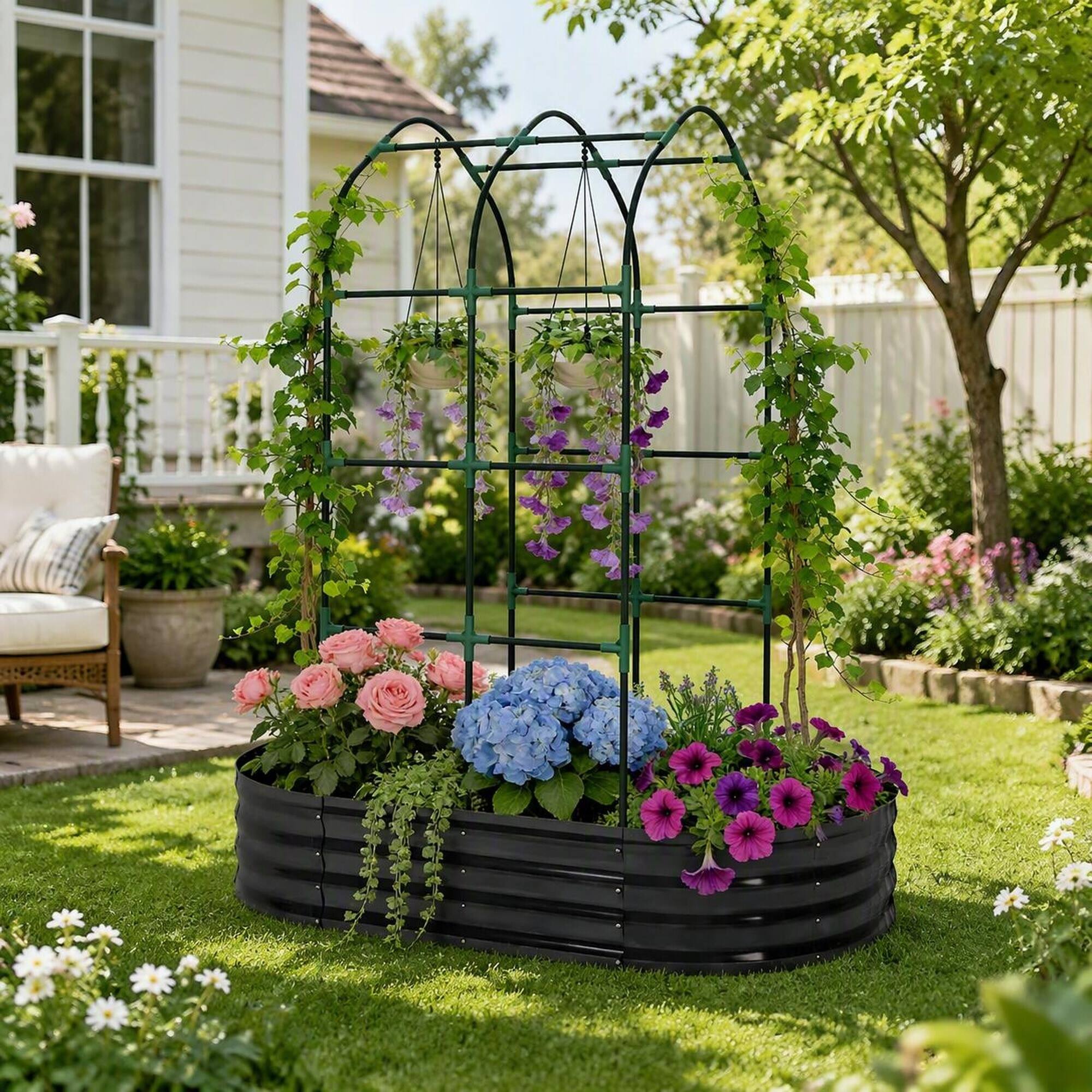 Alt View 2. RYHNUYNE - Raised Garden Bed with Arch Trellis, 112 Gallon Galvanized Metal Planter Box, Dark Gray Modular Oval or Round - Dark Gray.