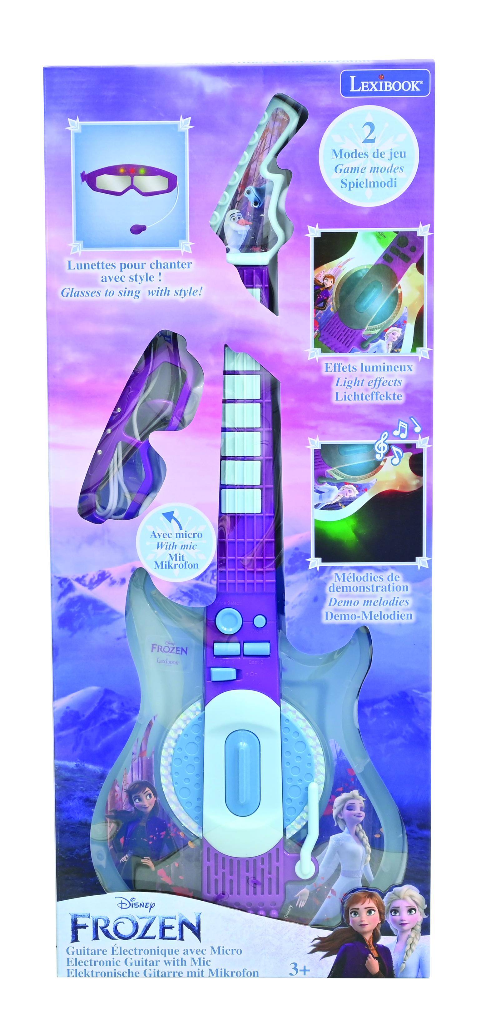 LEXIBOOK  
2 Modes de jeu  
Game modes  
Spielmodi  

Lunettes pour chanter avec style!  
Glasses to sing with style!  

Effets lumineux  
Light effects  
Lichteffekte  

Avec micro  
With mic  
Mit Mikrofon  

Melodies de démonstration  
Demo melodies  
Demo-Melodien  

- FROZEN  

Guitare électronique avec Micro  
Electronic Guitar with Mic  
Elektronische Gitarre mit Mikrofon  

3+
