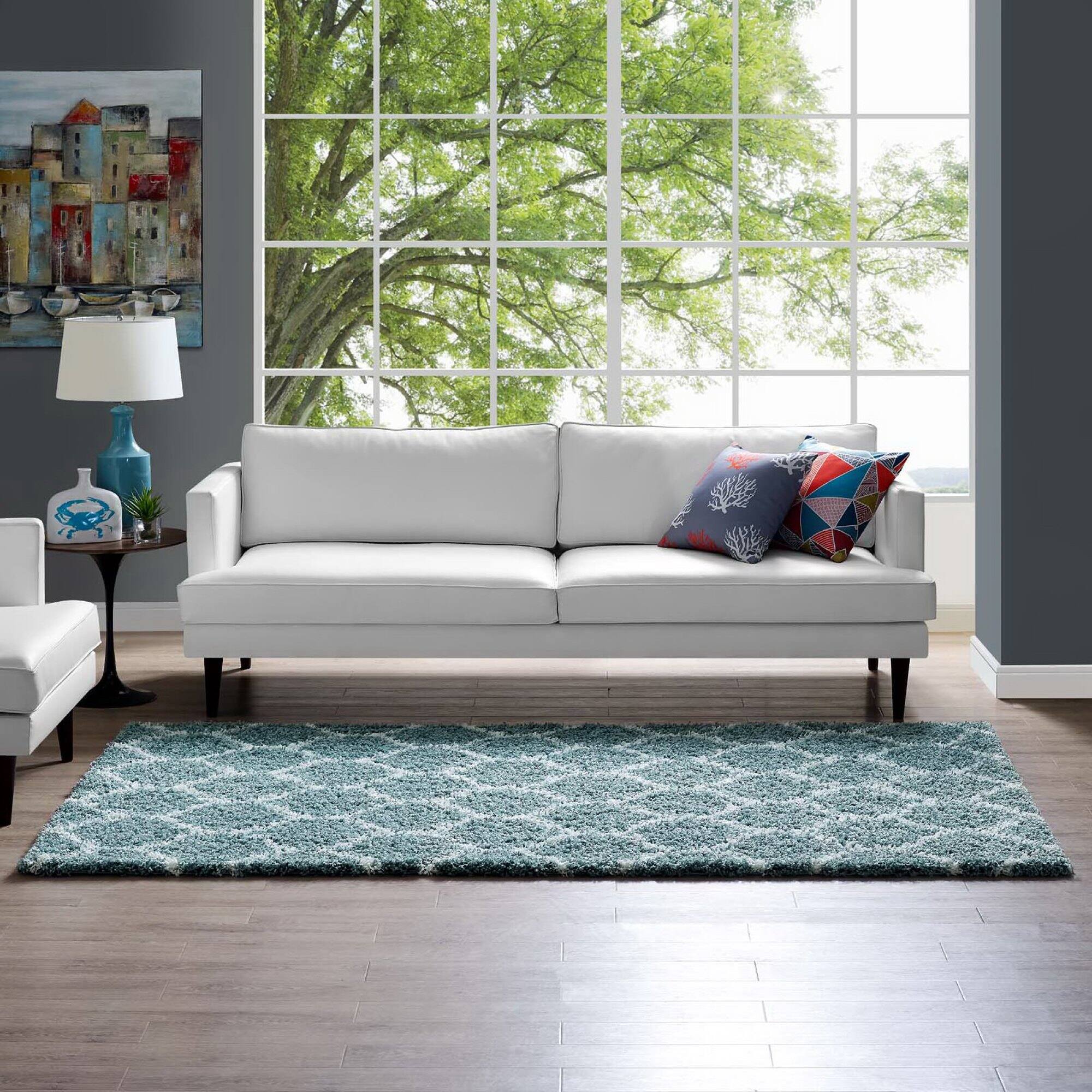 Left. Modway - Solvea Moroccan Trellis Shag Area Rug - Aqua Blue and Ivory.