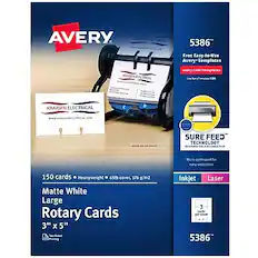 AVERY
5386
Free Easy-to-Use Avery Templates
avery.com/templates
KRAIGEN ELECTRICAL
www.kraigen electrical.com
SURE FEED TECHNOLOGY
Micro perforated for easy separation
Heavyweight 65lb cover, 176 g/m2
150 cards
Matte White
Large Rotary Cards
3" x 5"
Inkjet Laser
3 cards per sheet