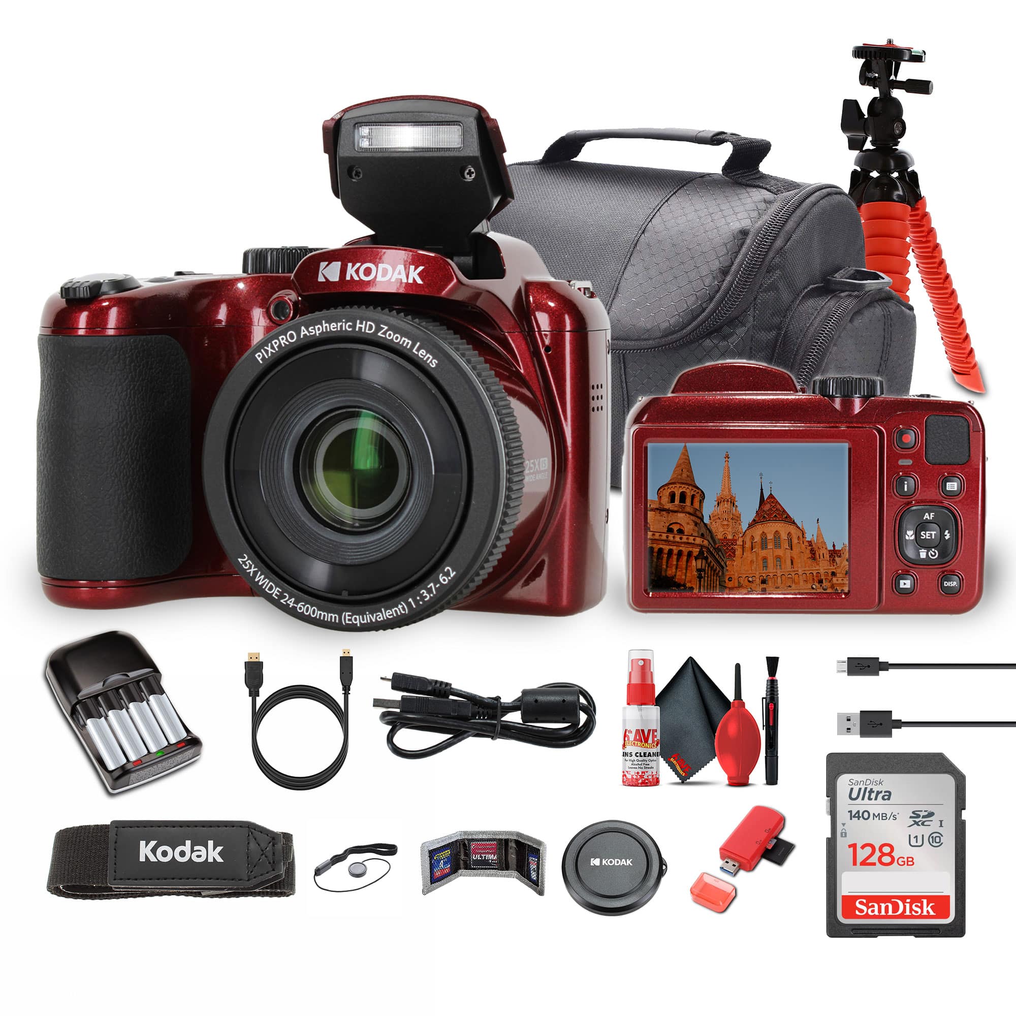 Kodak - Pixpro AZ255 Digital Camera (AZ255RD) Bundle with Accessories - Red