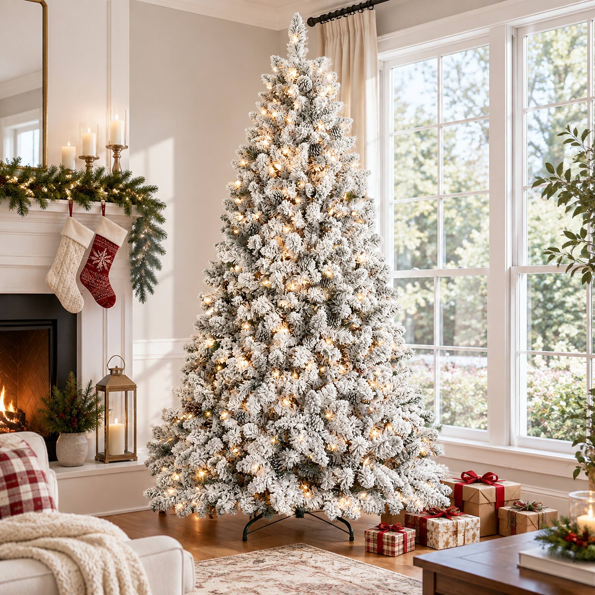 Back. RYHNUYNE - 9FT Flocked Pre-Lit Christmas Tree With 750 Lights and 63 Pine Cones, 2095 Snowy Tips and Metal Stand - Green,White.