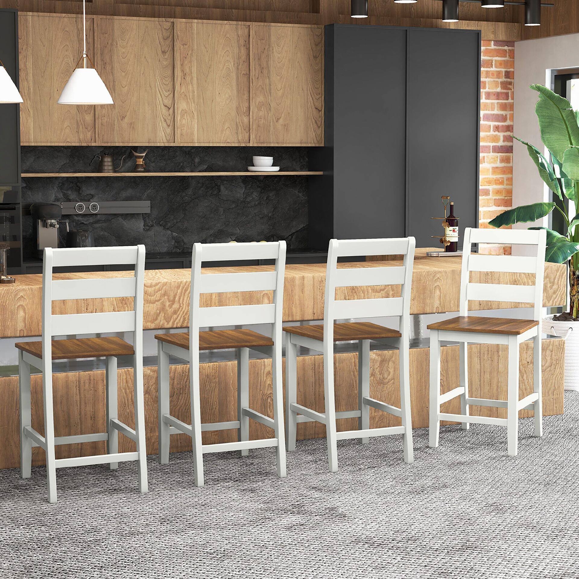 Alt View 1. Gymax - Gymax Set of 4 Counter Height Chairs w/ Inclined Backrest Rubber Wood Crossbars - Gray, Walnut.