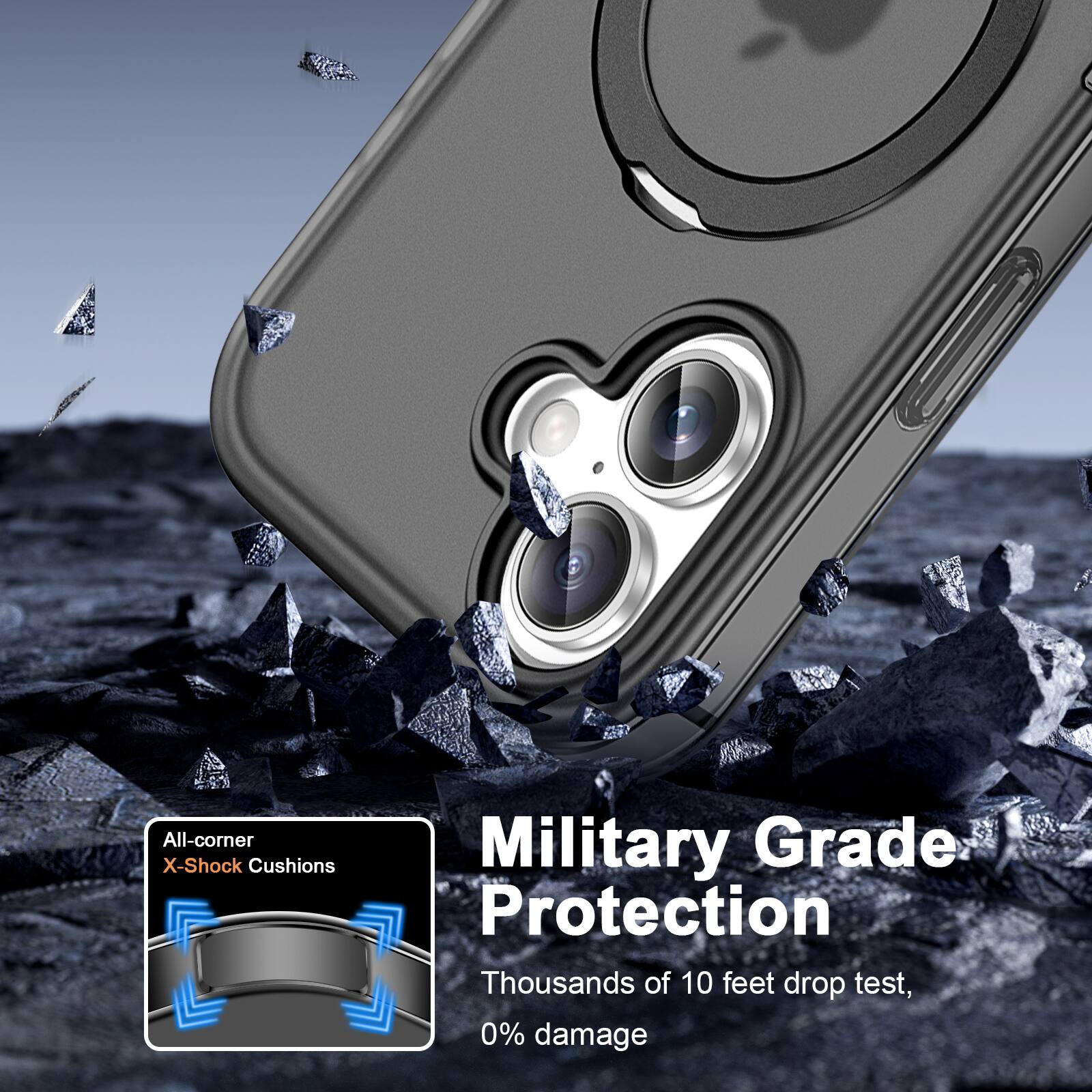 All-corner X-Shock Cushions  
Military Grade Protection  
Thousands of 10 feet drop test, 0% damage