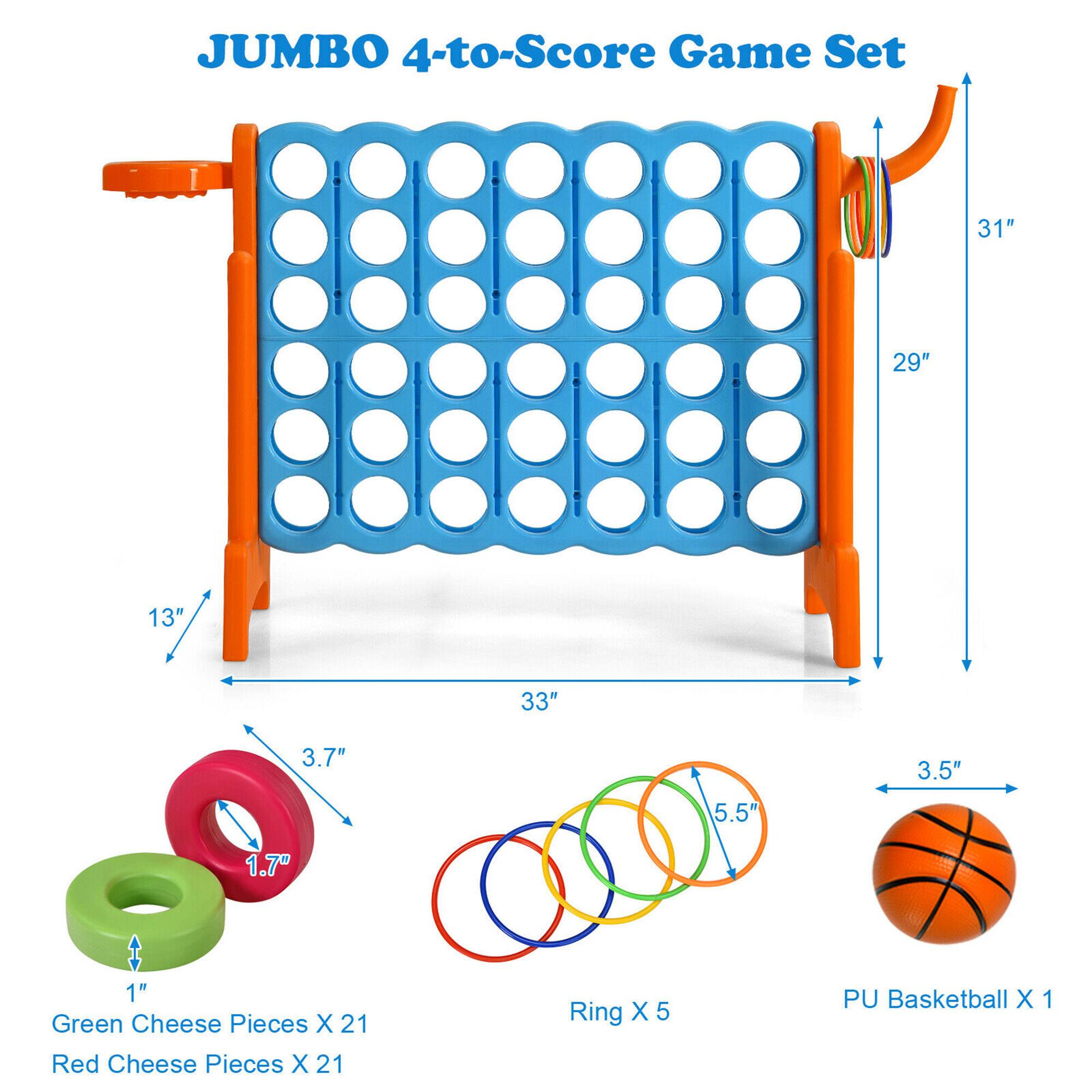 JUMBO 4-to-Score Game Set

- 31" x 29" x 33" x 13" x 3.7" x 3.5" x 5.5" x 1.7" x 1"
- Green Cheese Pieces X 21
- Red Cheese Pieces X 21
- Ring X 5
- PU Basketball X 1