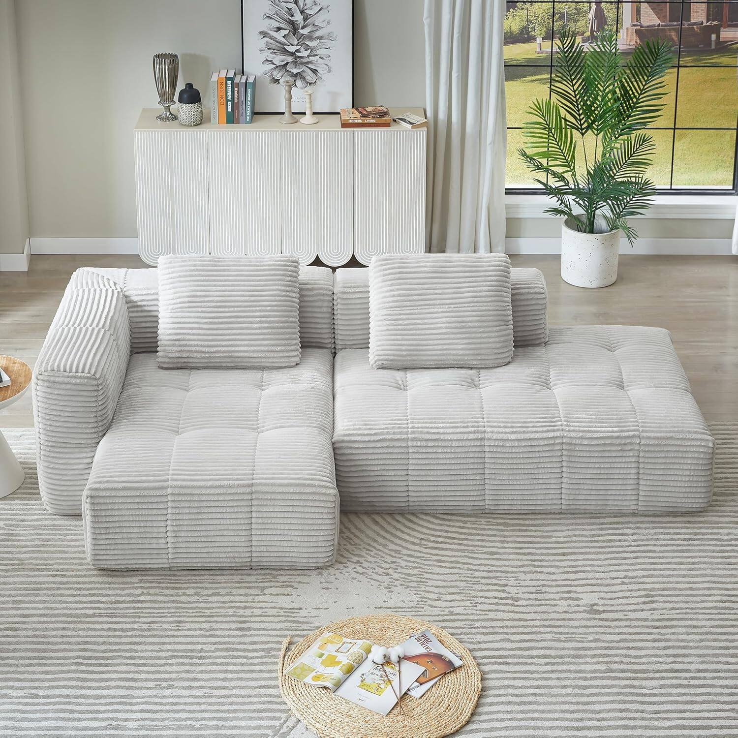 Alt View 4. Trinkets Crazed - 108" Corduroy Fluffy Modular Sectional Loveseat SofaDeep Seat Cloud Sectional Couch with Spring Cushions - light gray.