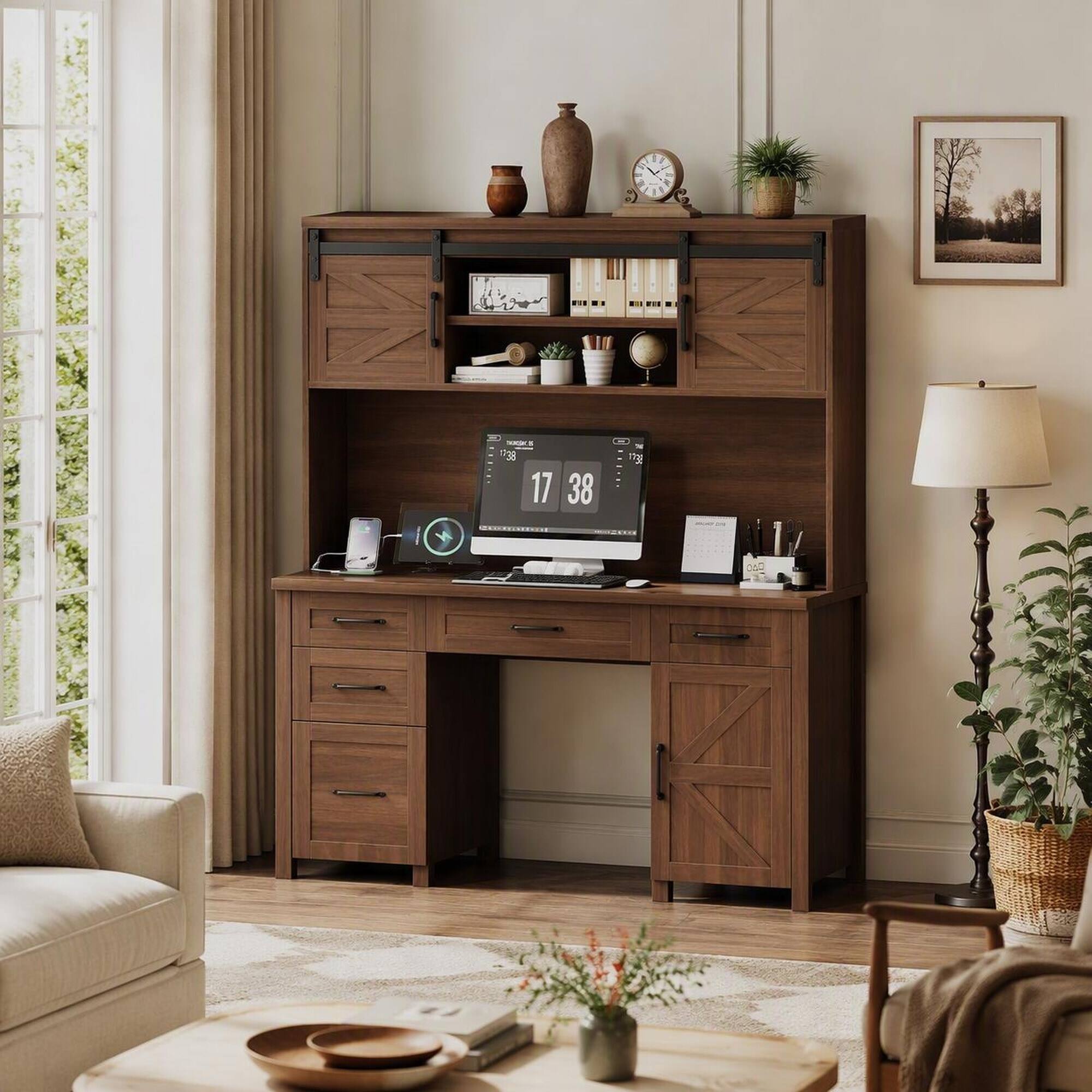 RYHNUYNE Farmhouse Executive Desk with Charging Station, 61 inch ...