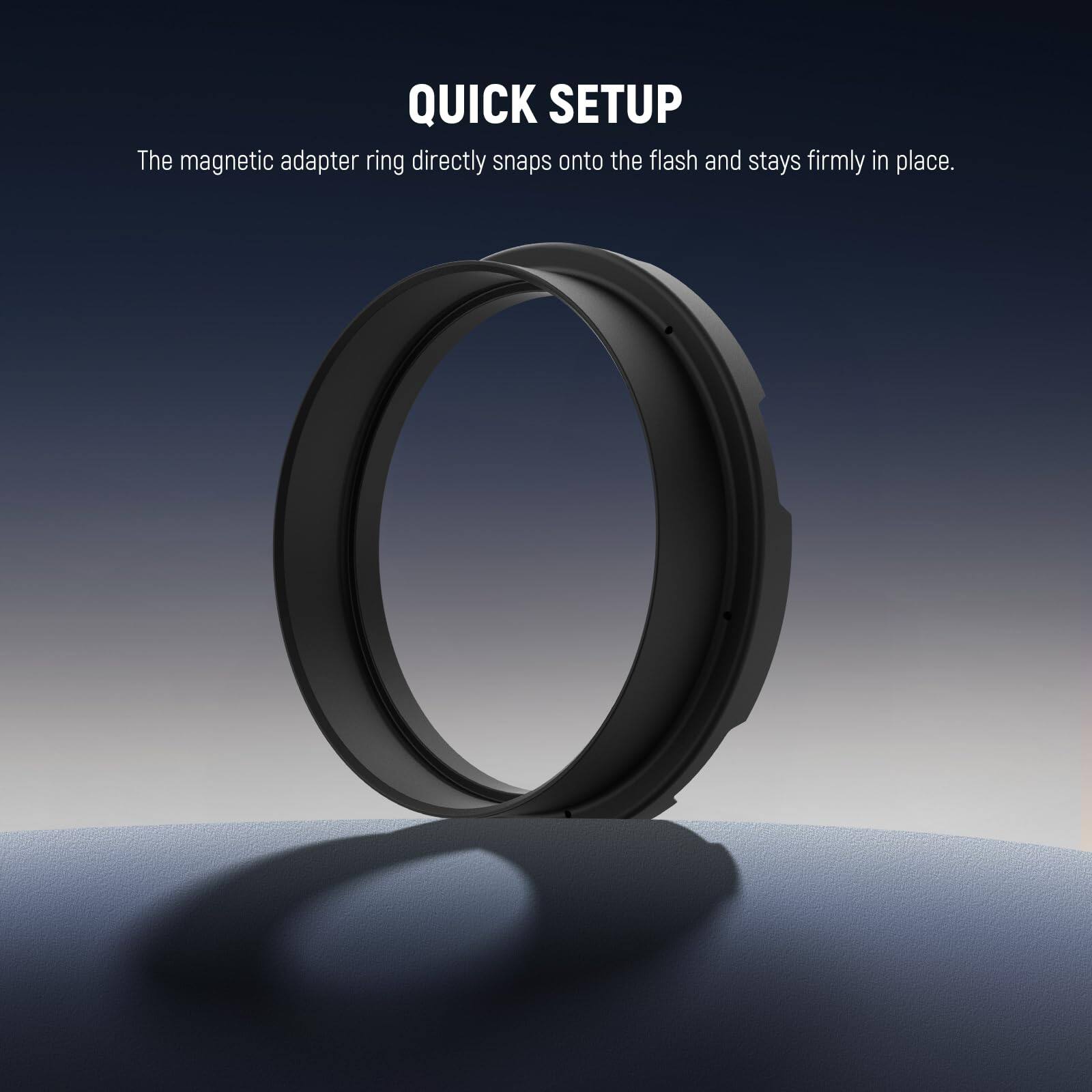 QUICK SETUP

The magnetic adapter ring directly snaps onto the flash and stays firmly in place.