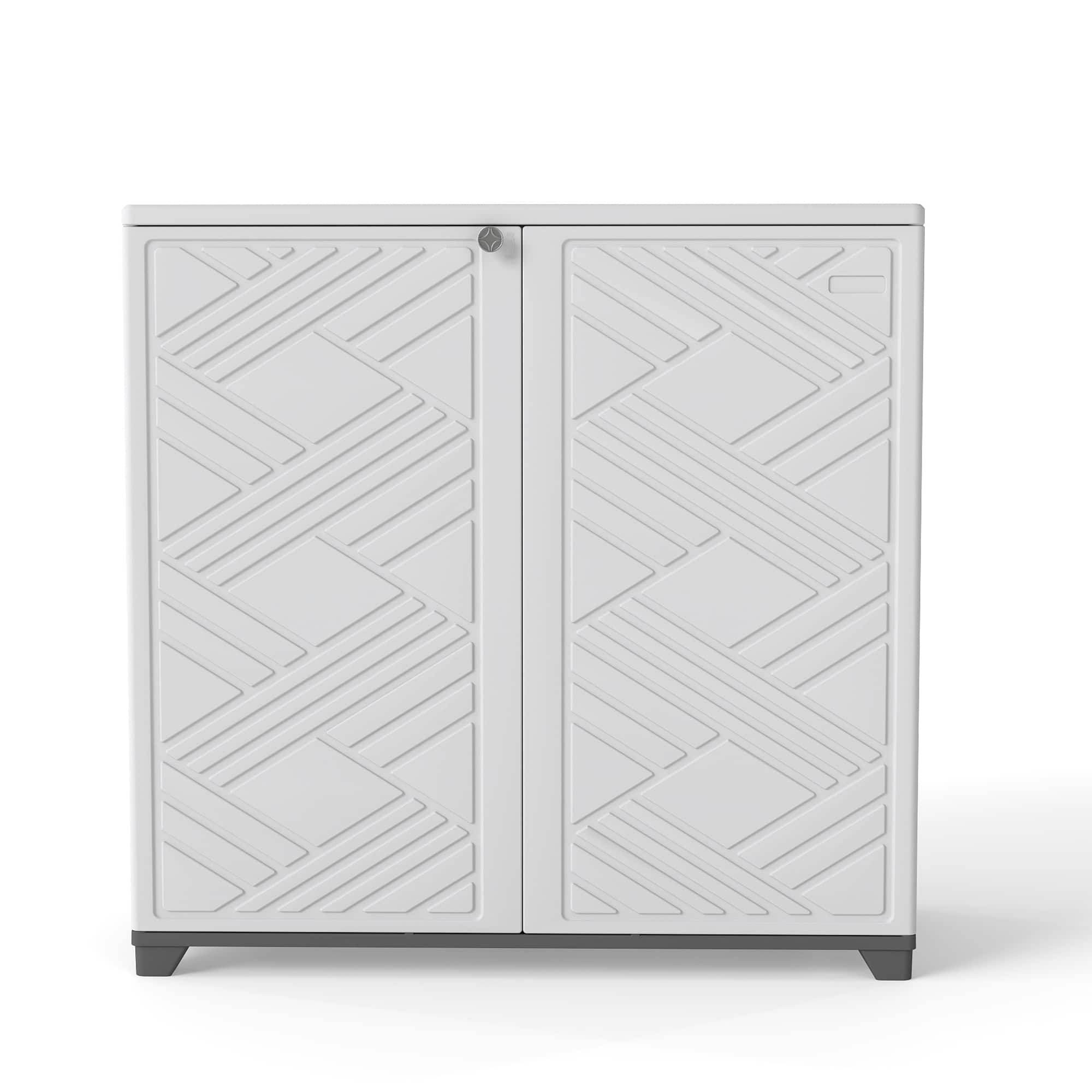 Front. Decksplore - Outdoor Storage Shed Weather Resistance, Horizontal Outdoor Storage Box Cabinet for Garden, Patios, Backyards - White.