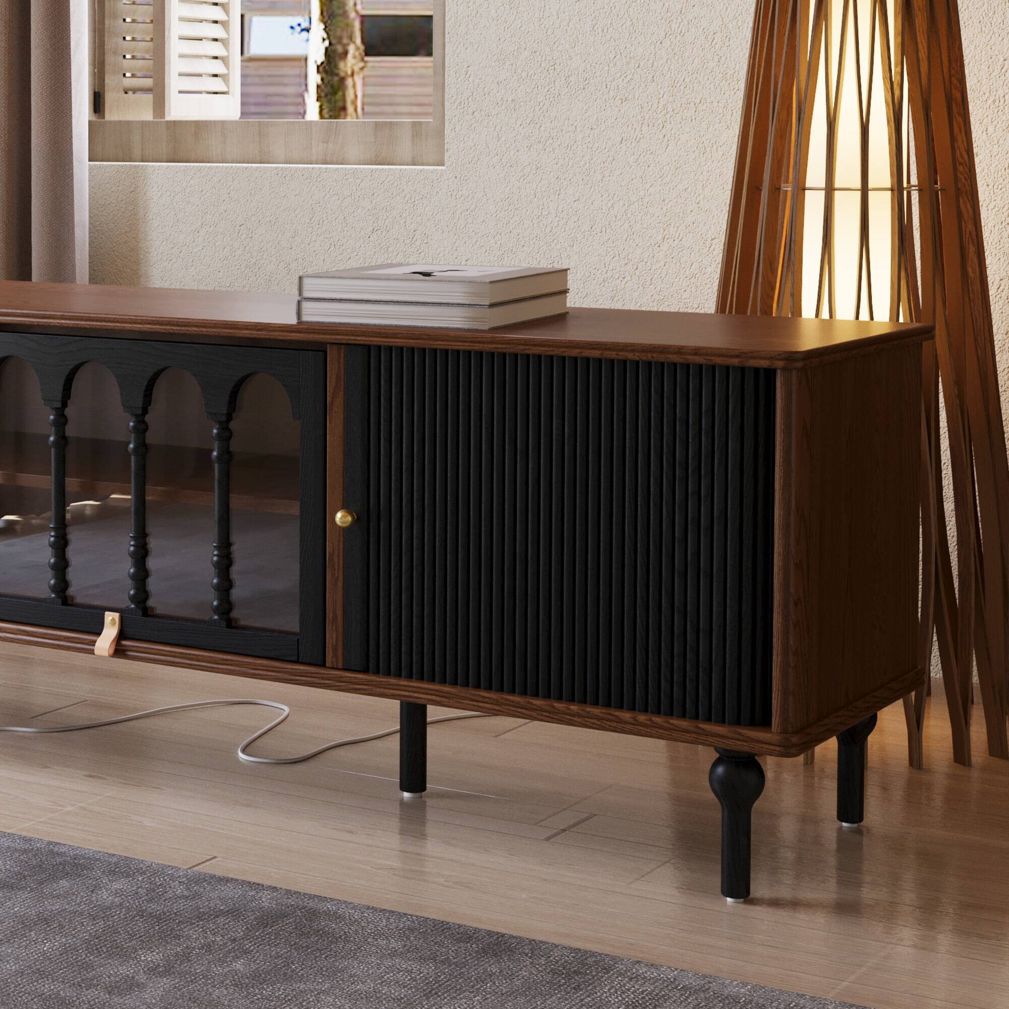 Back. luck idea - 78.74" TV Stand Media Console with Sliding Doors, Arched Glass & Solid Wood Legs - Walnut Color.