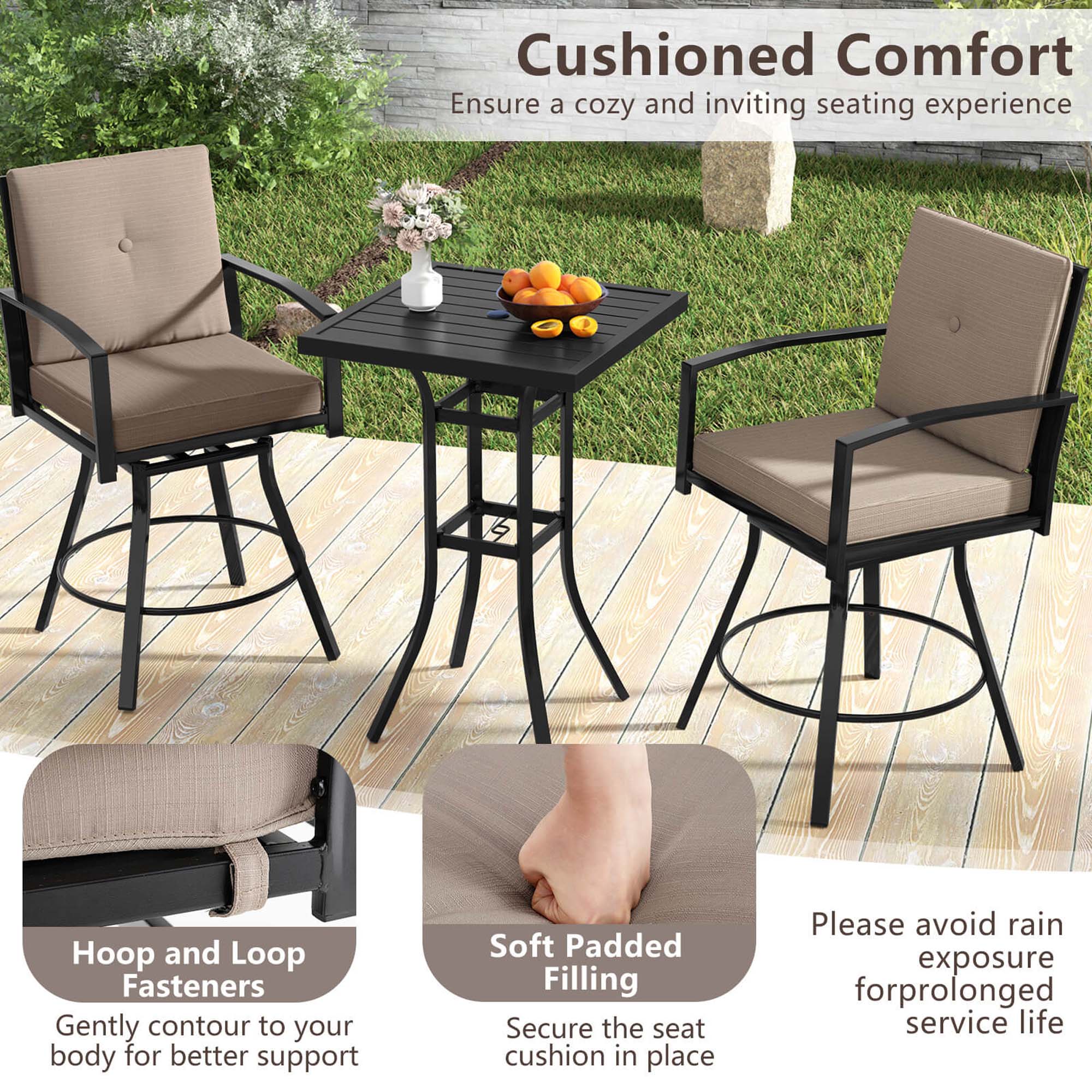 Cushioned Comfort Ensure a cozy and inviting seating experience. Hoop and Loop Fasteners Gently contour to your body for better support. Soft Padded Filling Secure the seat cushion in place. Please avoid rain exposure for prolonged service life.