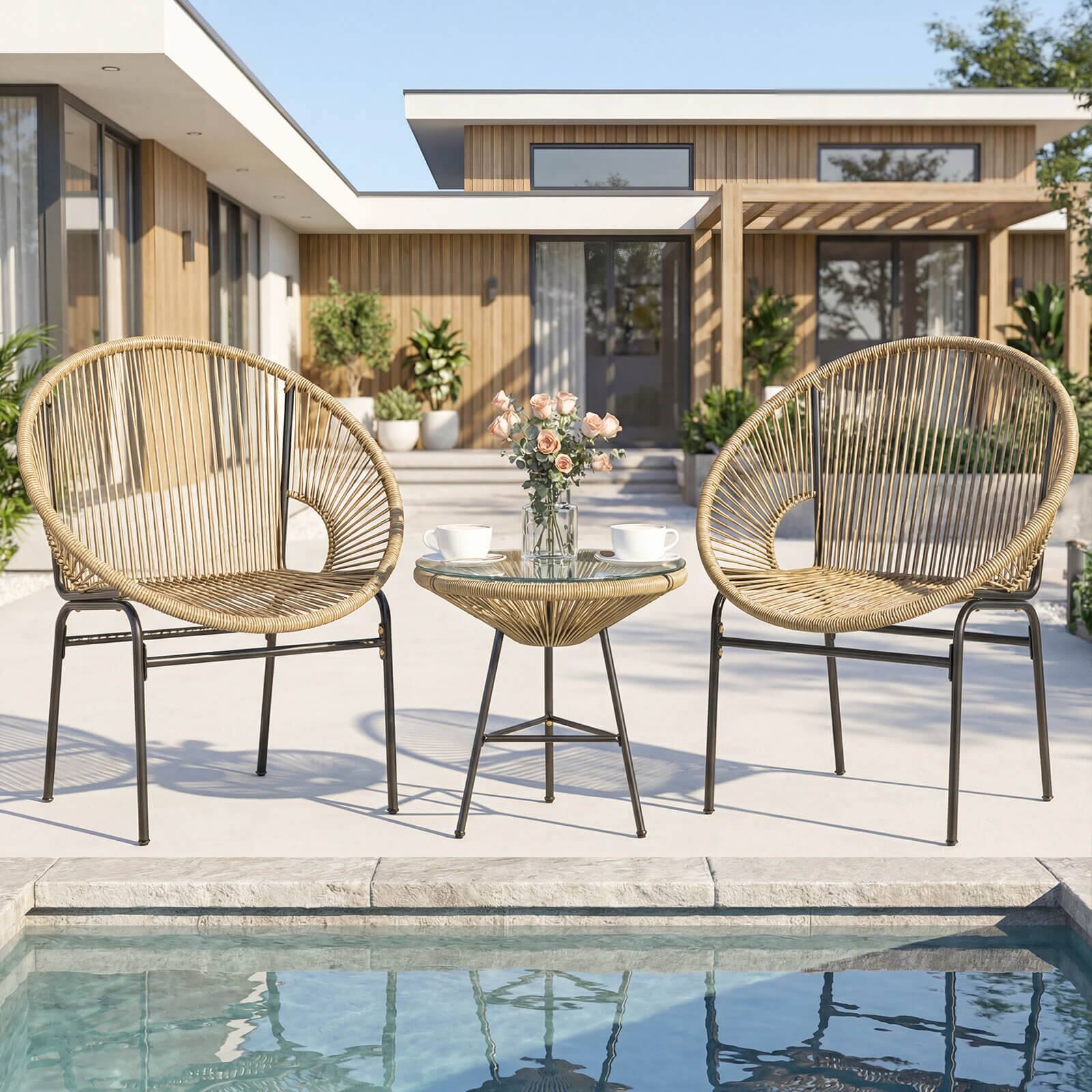 Alt View 4. Costway - Costway 3-Piece Wicker Patio Bistro Set,Outdoor Acapulco Chairs and Tempered Glass Table - Beige + Black.