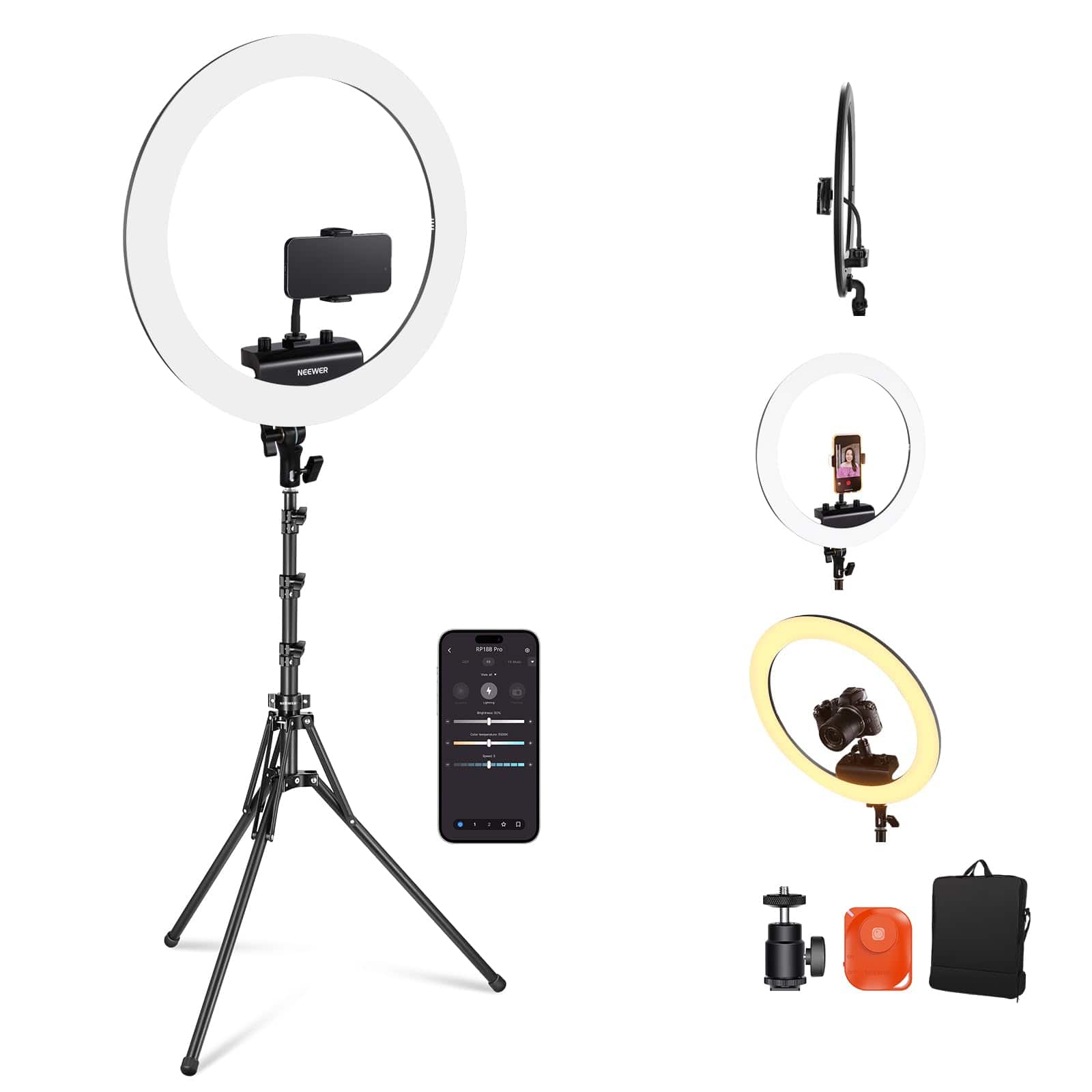 Neewer - 18" Pro Ring Light, 45W, Remote & App Control, w/ Tripod & Holder