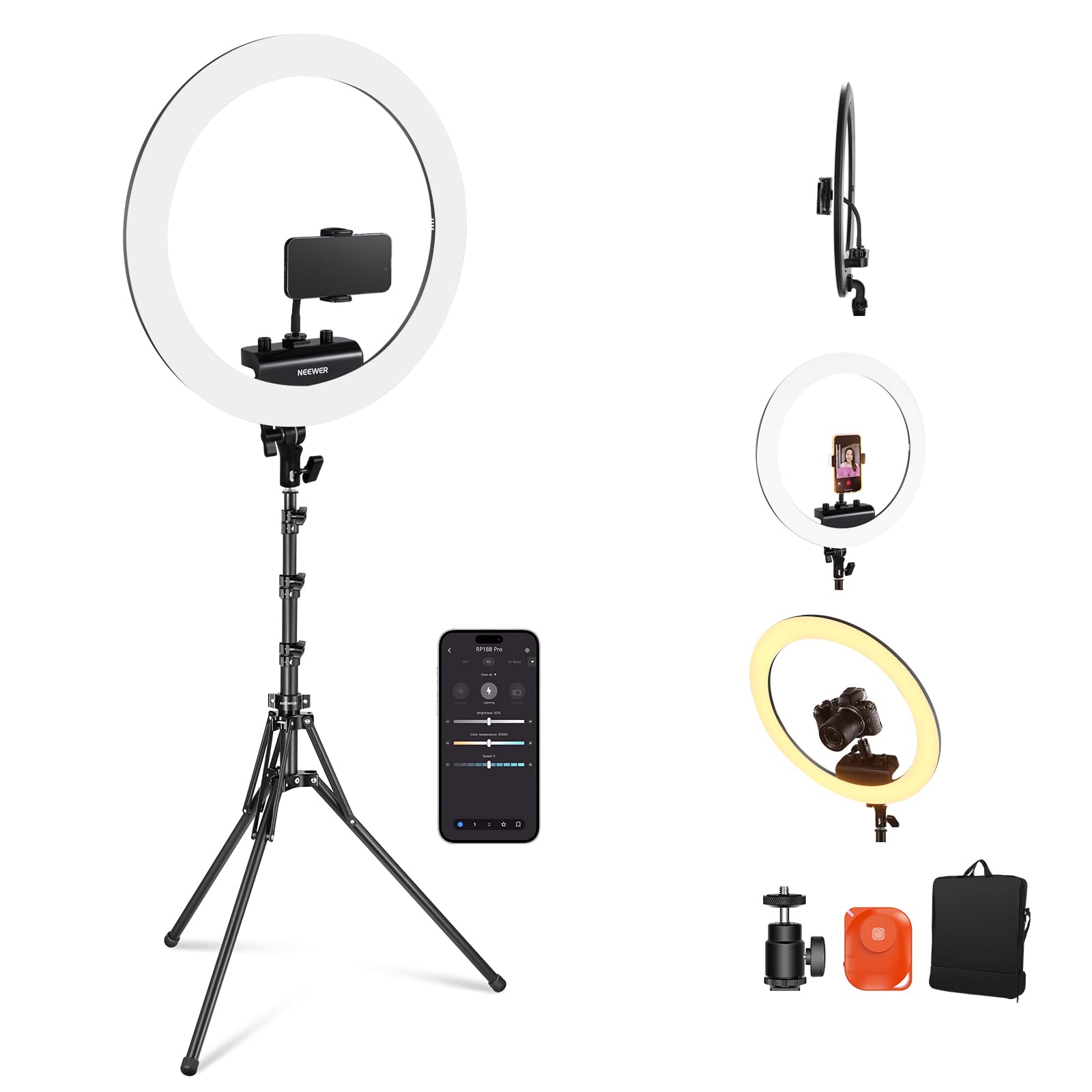 Neewer - 18" Pro Ring Light, 45W, Remote & App Control, w/ Tripod & Holder