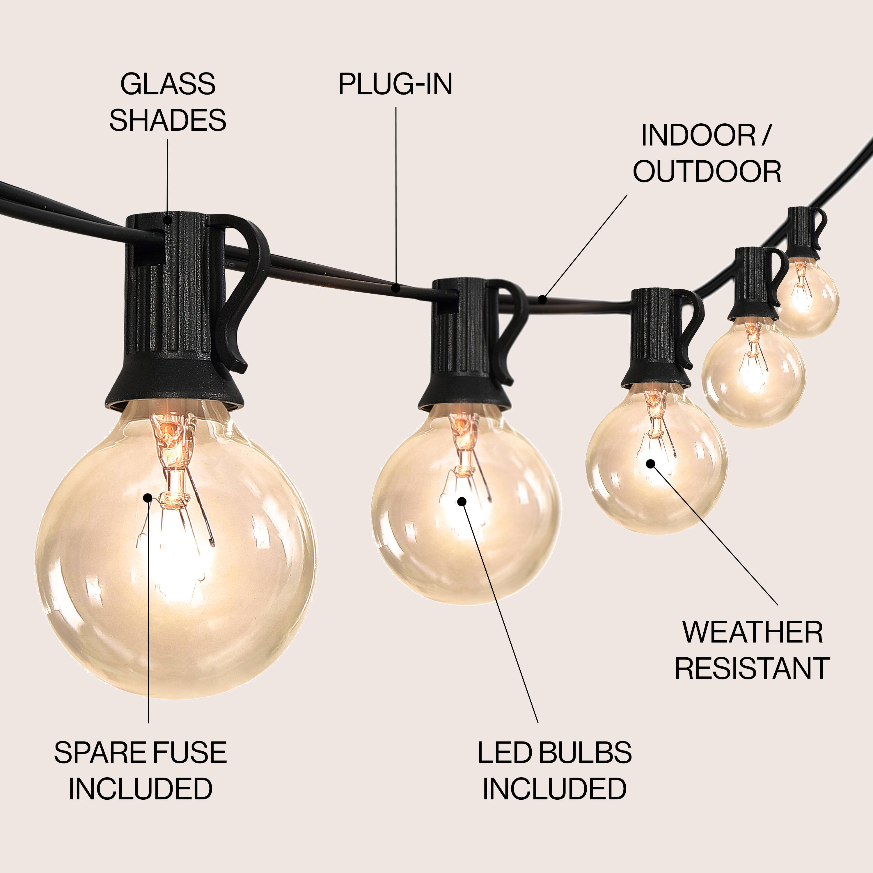 GLASS SHADES  
PLUG-IN  
INDOOR/OUTDOOR  
WEATHER RESISTANT  
SPARE FUSE INCLUDED  
LED BULBS INCLUDED