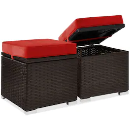 Best Choice Products - Set of 2 Wicker Ottomans, Multipurpose Furniture w/ Removable Cushions - Red/Brown